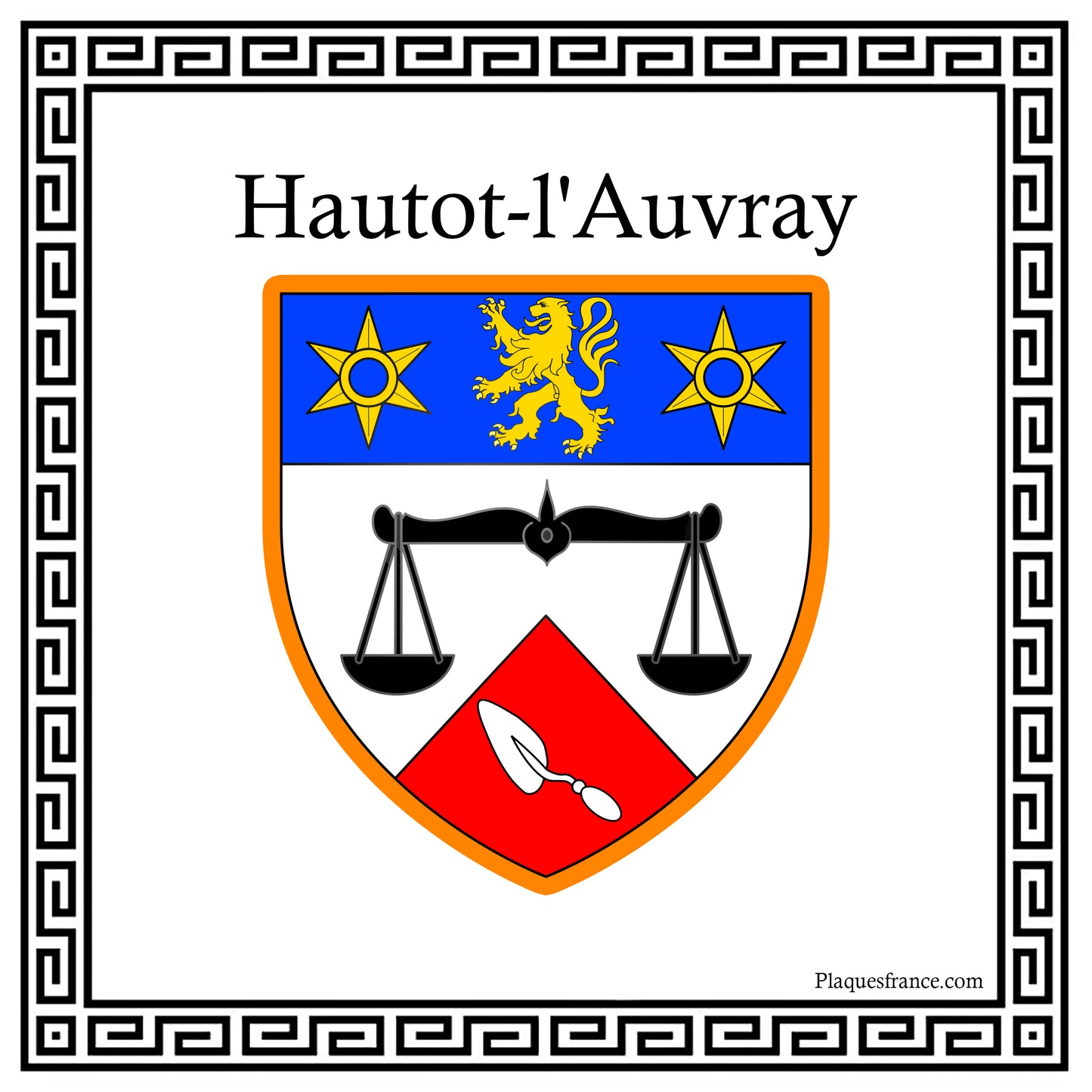 Plaque métal décorative carrée blanche 30 X 30 cm blason Hautot-l'Auvray, Seine Maritime (76)
