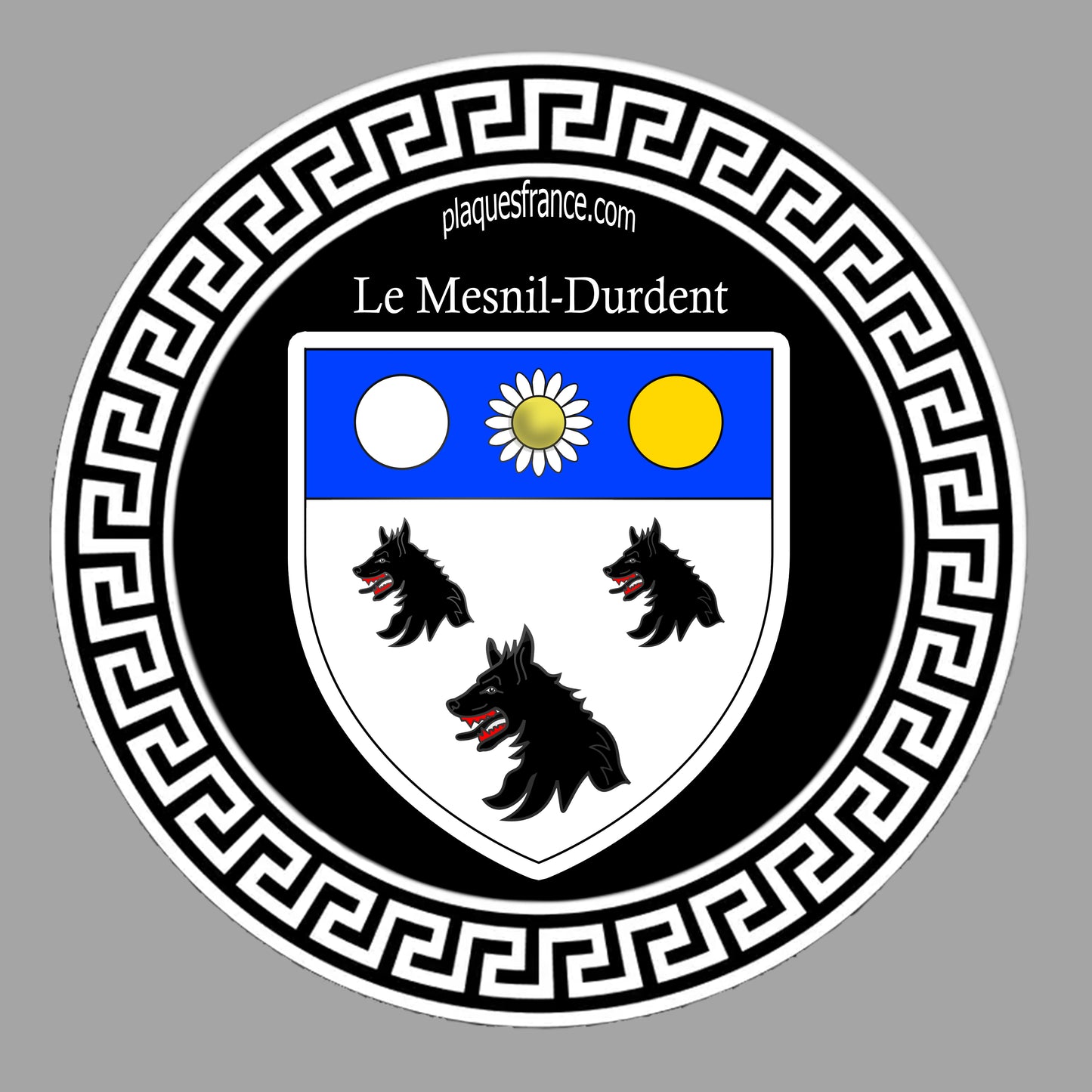 Plaque métal décorative ronde noire Ø 30 cm blason Le Mesnil-Durdent, Seine Maritime (76)