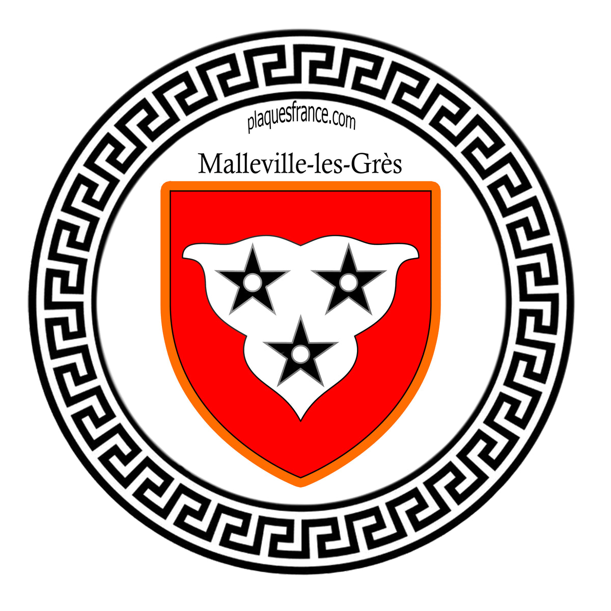 Plaque métal décorative ronde blanche Ø 30 cm blason Malleville-les-Grès, Seine Maritime (76)