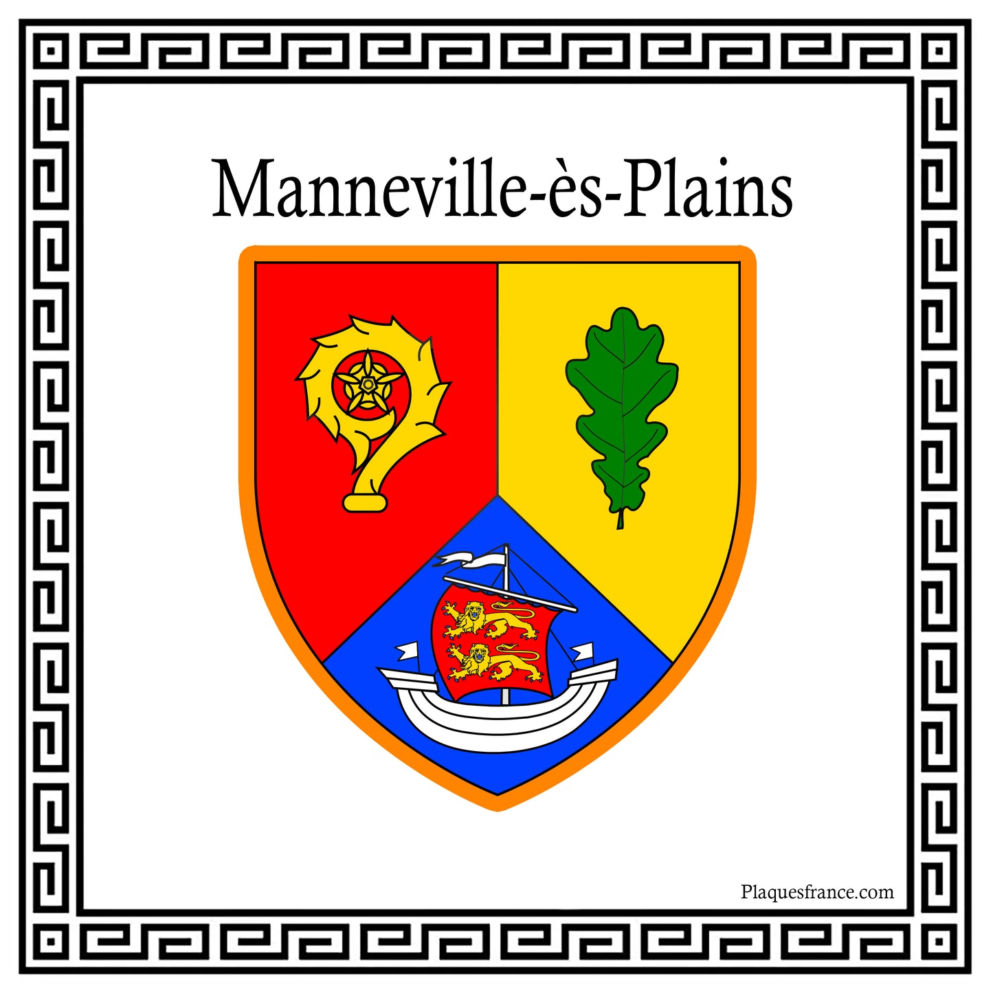 Plaque métal décorative carrée blanche 30 X 30 cm blason Manneville-ès-Plains, Seine Maritime (76)