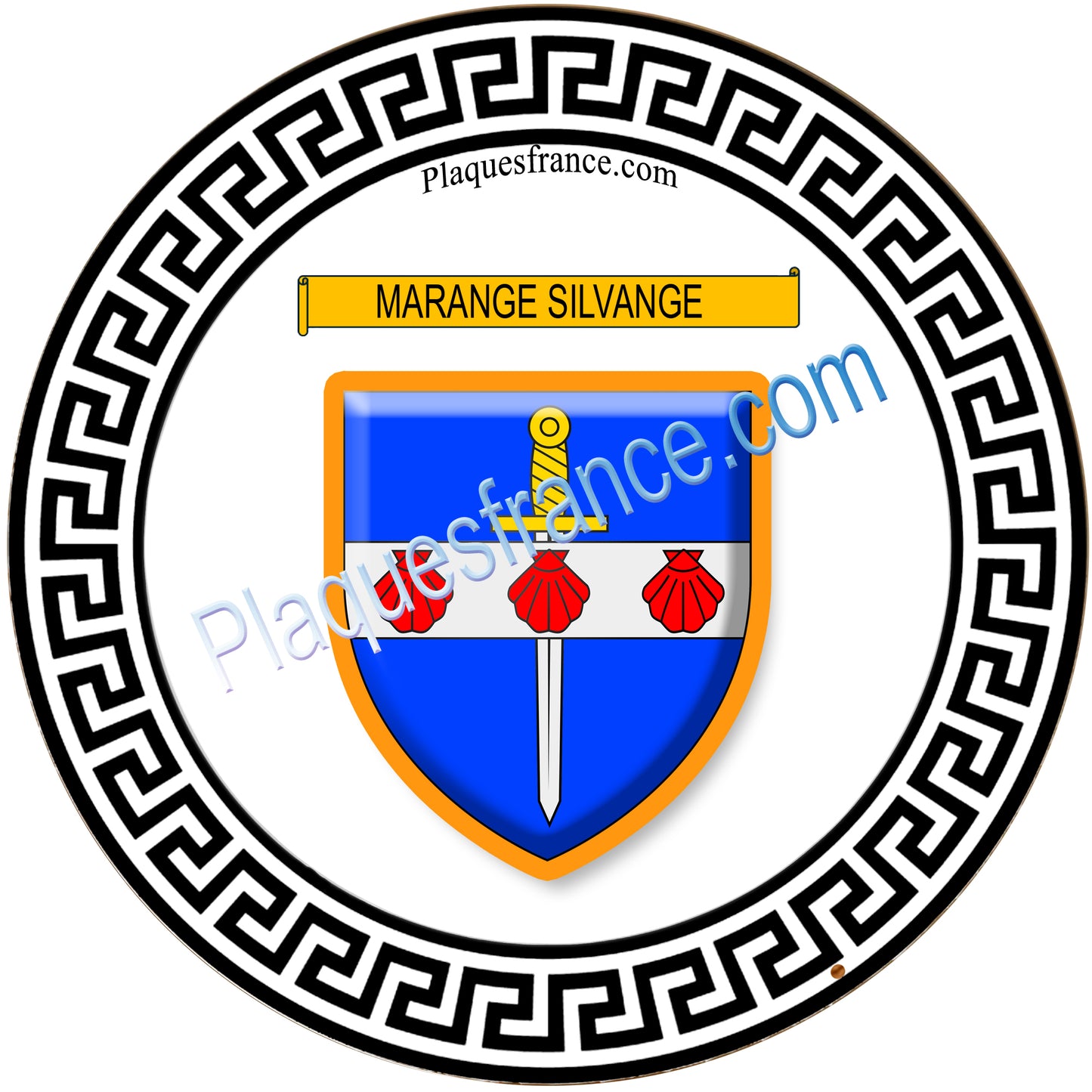 Plaque métal décorative fond blanc ronde Ø 30 cm blason Marange-Silvange, canton de Rombas, Moselle 57