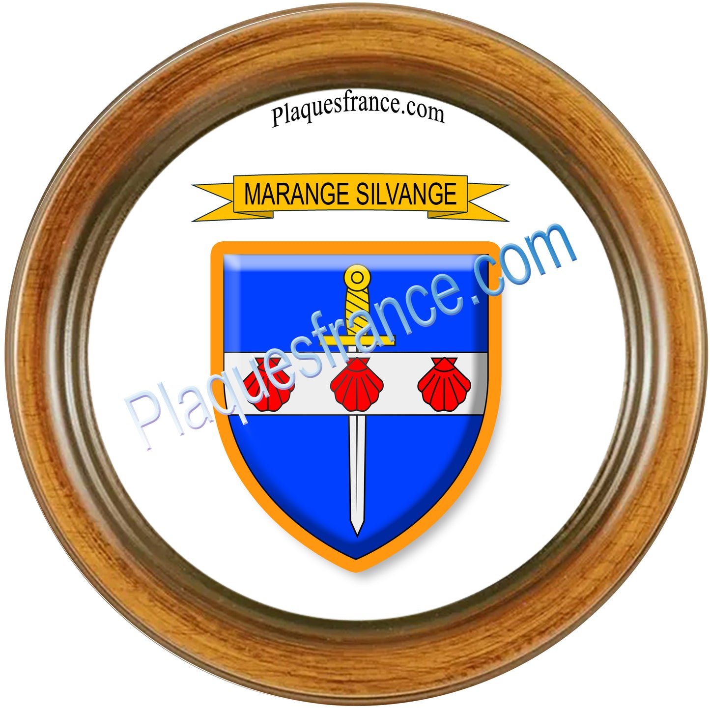 Plaque métal décorative cadre bois ronde Ø 30 cm blason Marange-Silvange, canton de Rombas, Moselle 57