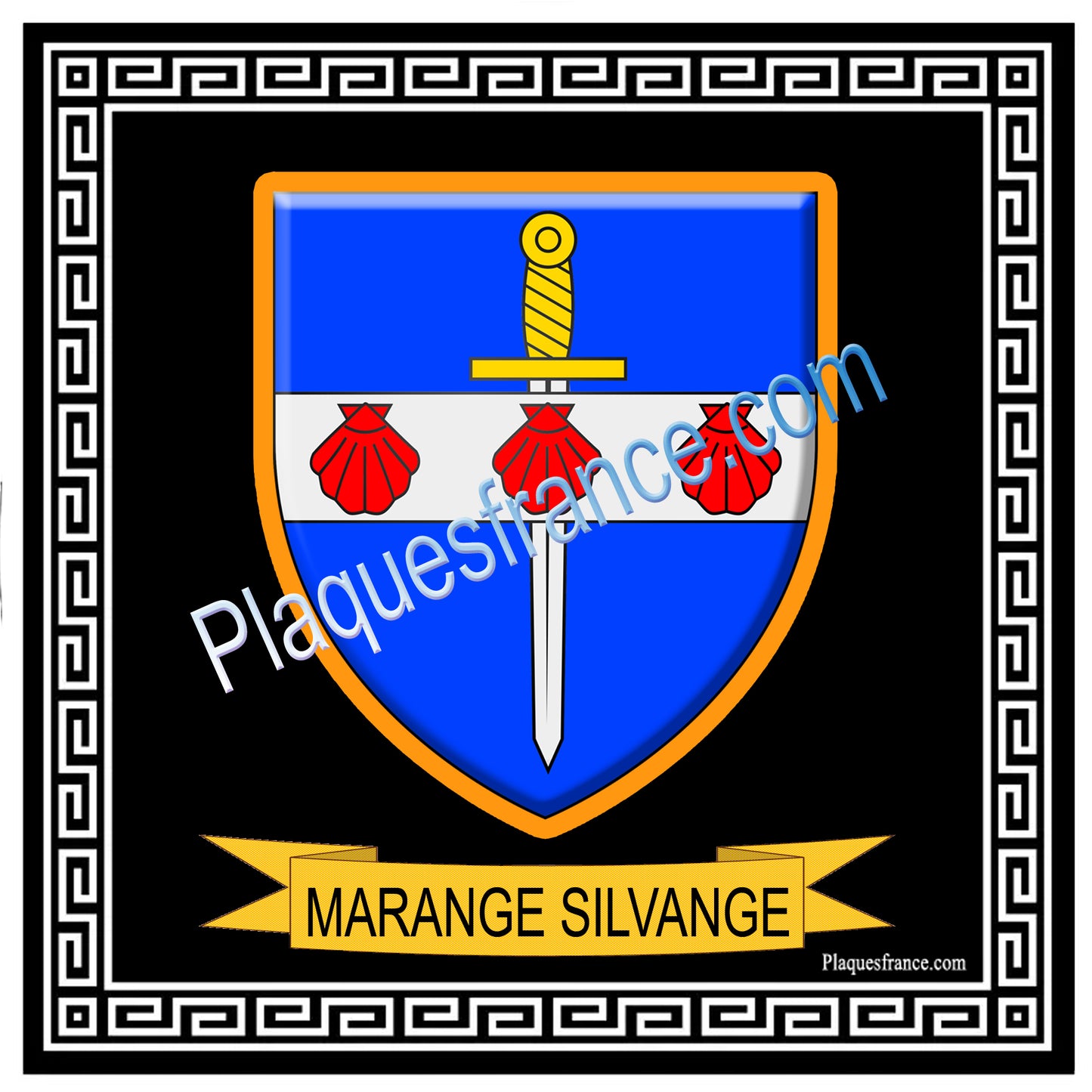 Plaque métal décorative fond noir carrée 30 x 30 cm blason Marange-Silvange, canton de Rombas, Moselle 57