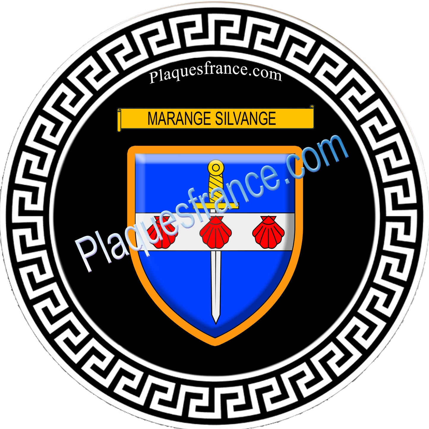 Plaque métal décorative fond noir ronde Ø 30 cm blason Marange-Silvange, canton de Rombas, Moselle 57