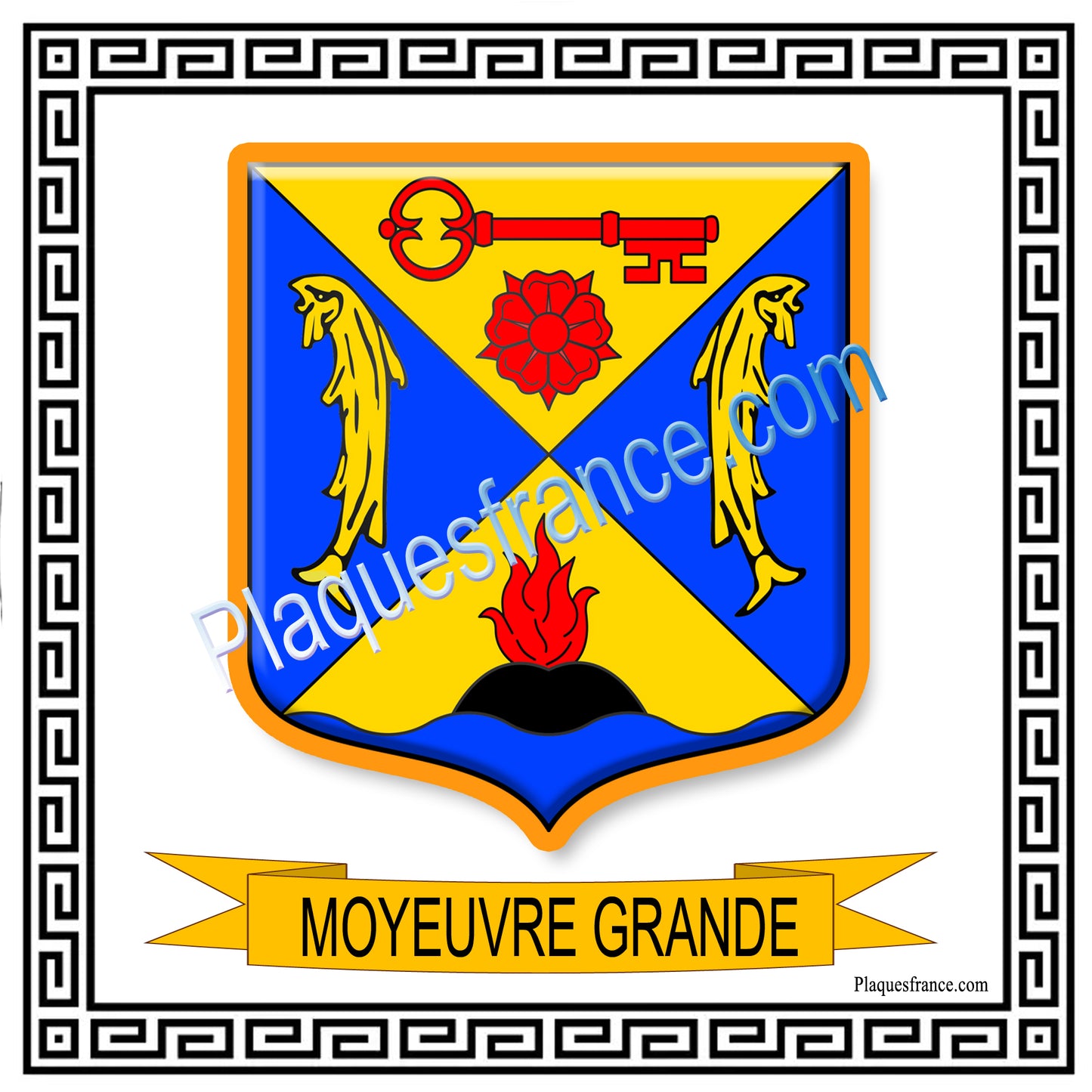 Plaque métal décorative fond blanc carrée 30 x 30 cm blason Moyeuvre-Grande, canton de Hayange, Moselle 57