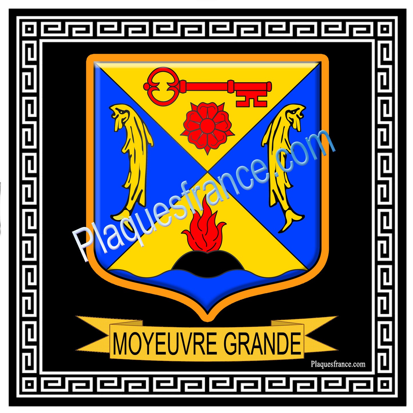 Plaque métal décorative fond noir carrée 30 x 30 cm blason Moyeuvre-Grande, canton de Hayange, Moselle 57