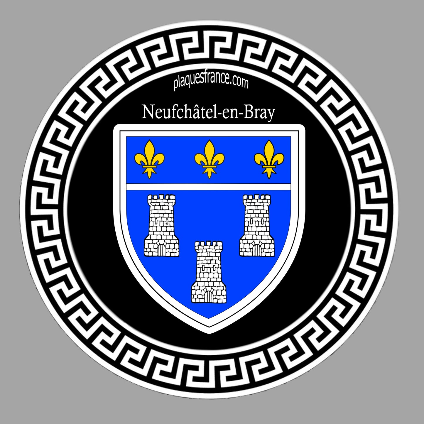 Plaque métal décorative ronde noire Ø 30 cm blason Neufchatel en Bray, Seine Maritime (76)