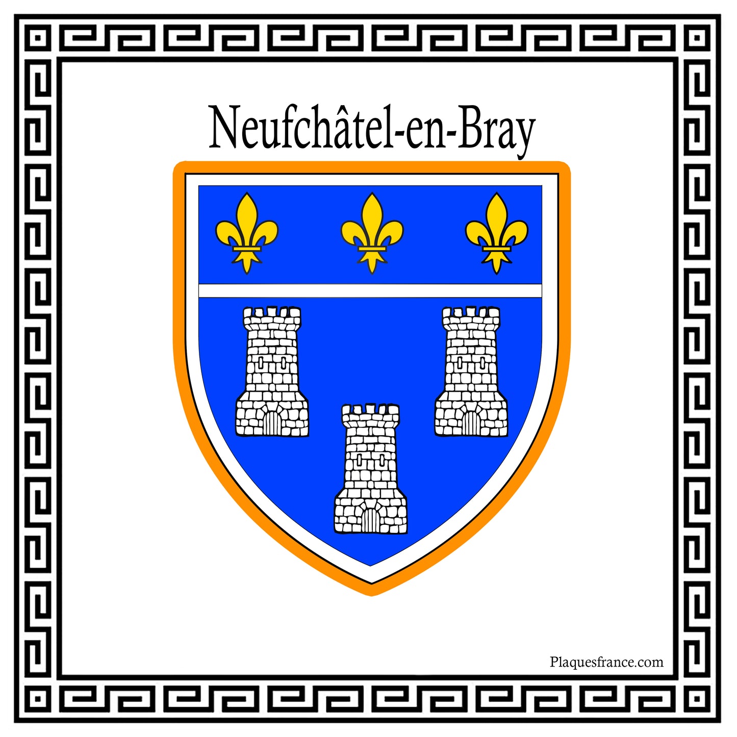 Plaque métal décorative carrée blanche 30X30 cm blason Neufchatel en Bray, Seine Maritime (76)