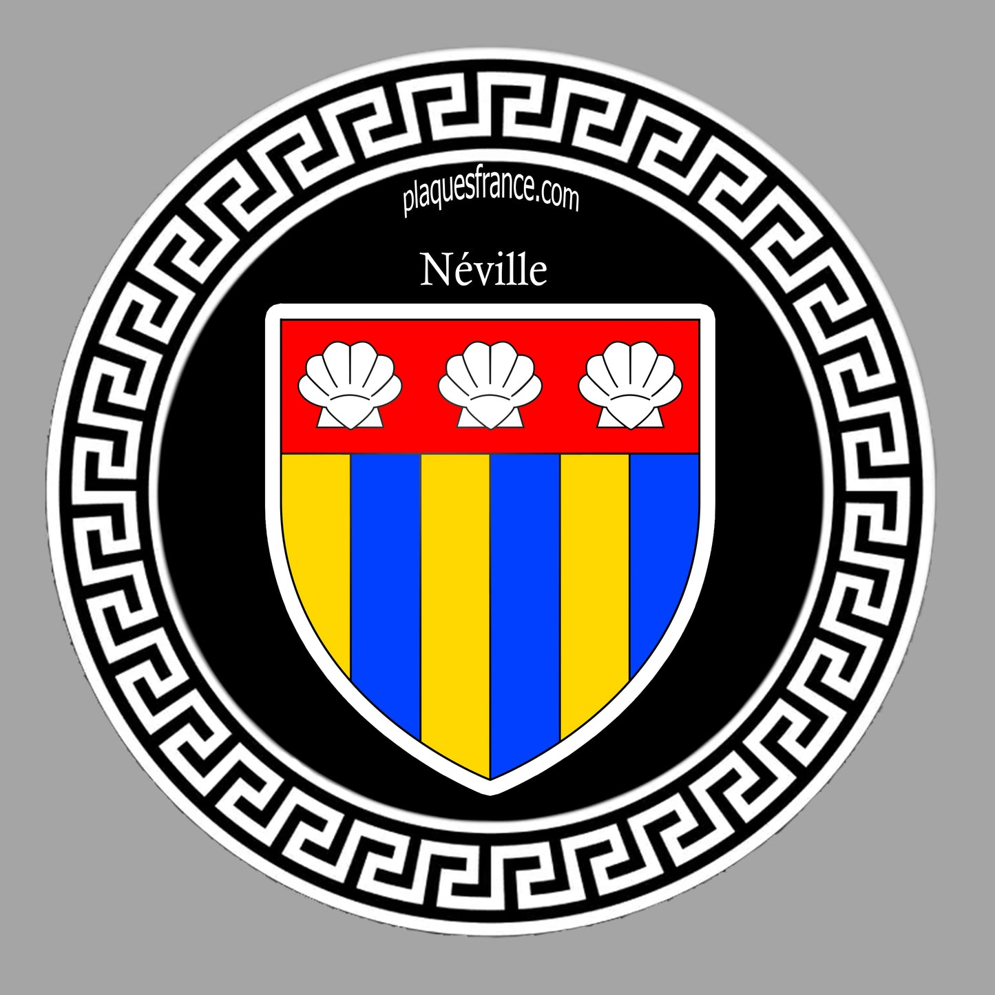 Plaque métal décorative ronde noire Ø 30 cm blason Néville, Seine Maritime (76)