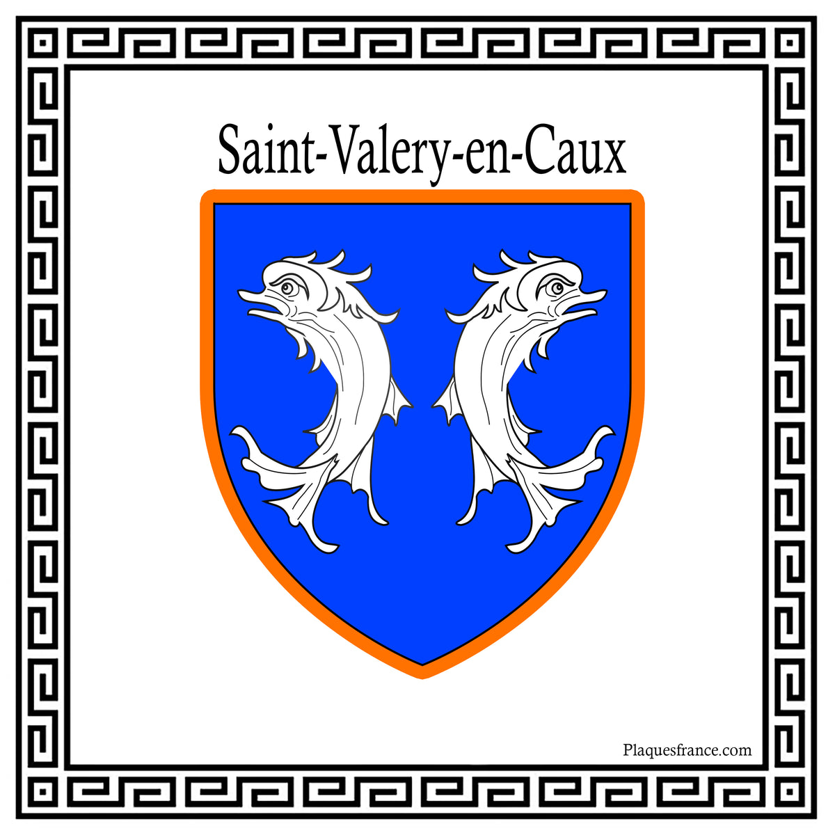 Plaque métal décorative carrée blanche 30 x 30 cm blason Saint-Valery-en-Caux, Seine Maritime (76)
