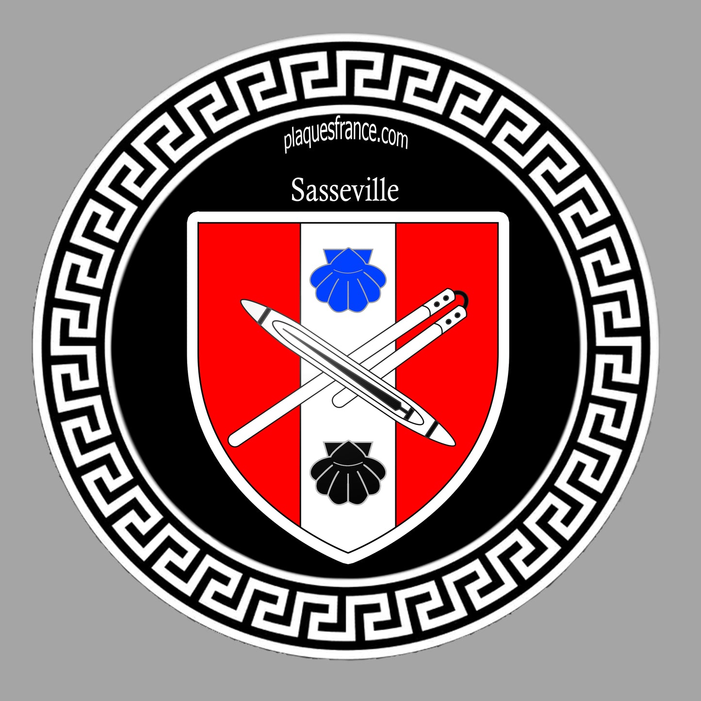Plaque métal décorative ronde noire Ø 30 cm blason Sasseville, Seine Maritime (76)
