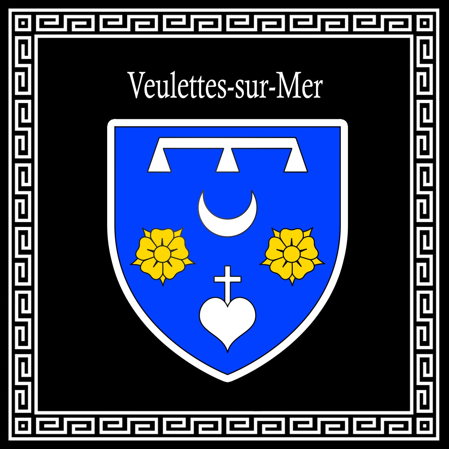 Plaque métal décorative carrée noire 30 X 30 cm blason Veulettes-sur-Mer, Seine Maritime (76)