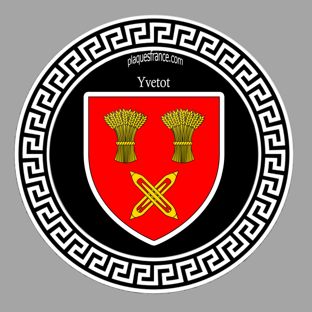 Plaque métal décorative ronde noire Ø 30 cm blason Yvetot, Seine Maritime (76)