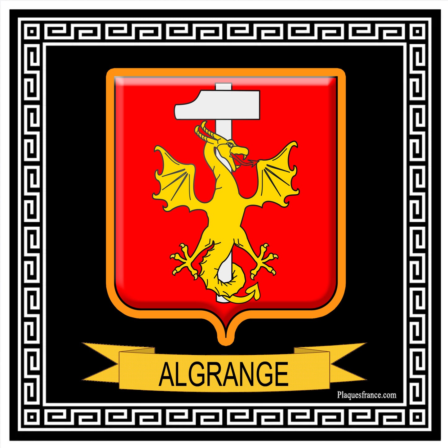 Plaque métal décorative carrée blason Algrange, Moselle 57 fond noir