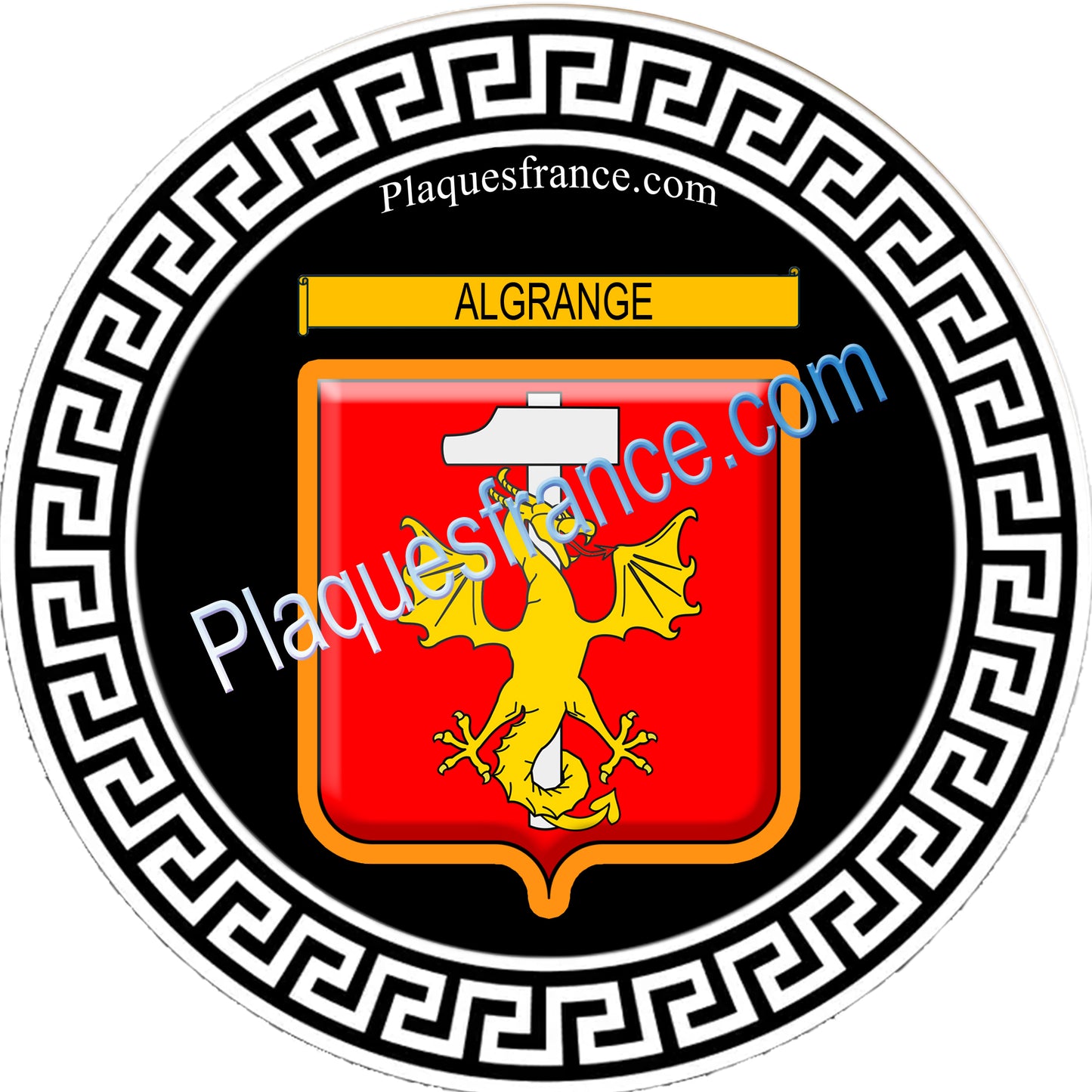 Plaque métal décorative blason Algrange,Moselle 57 fond noir ronde