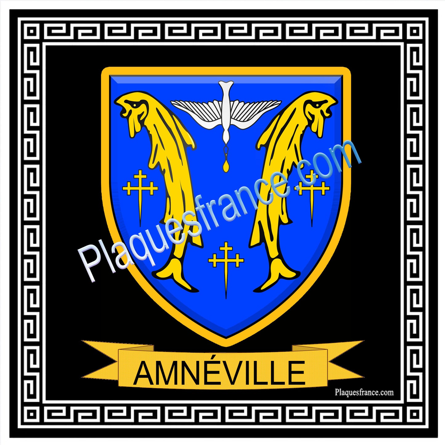 Plaque métal décorative fond noir carré 30 x 30cm blason Amnéville, canton Rombas 57