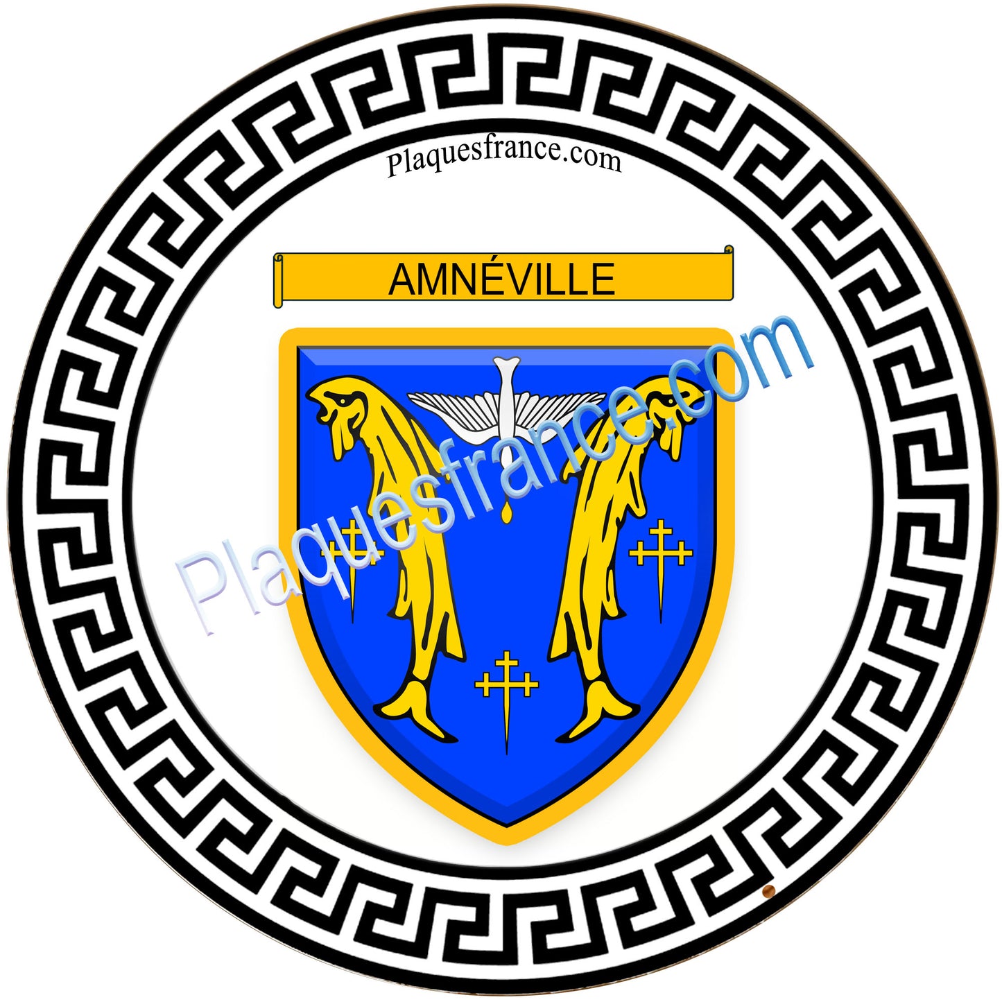 Plaque métal décorative fond blanc ronde Ø 30cm blason Amnéville, canton Rombas 57