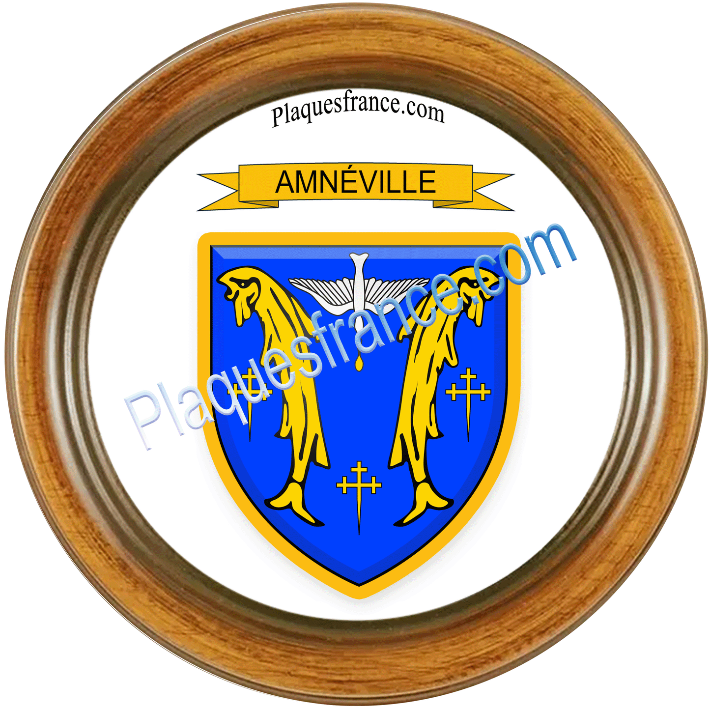 Plaque métal décorative cadre bois rond Ø 30cm blason Amnéville, canton Rombas 57
