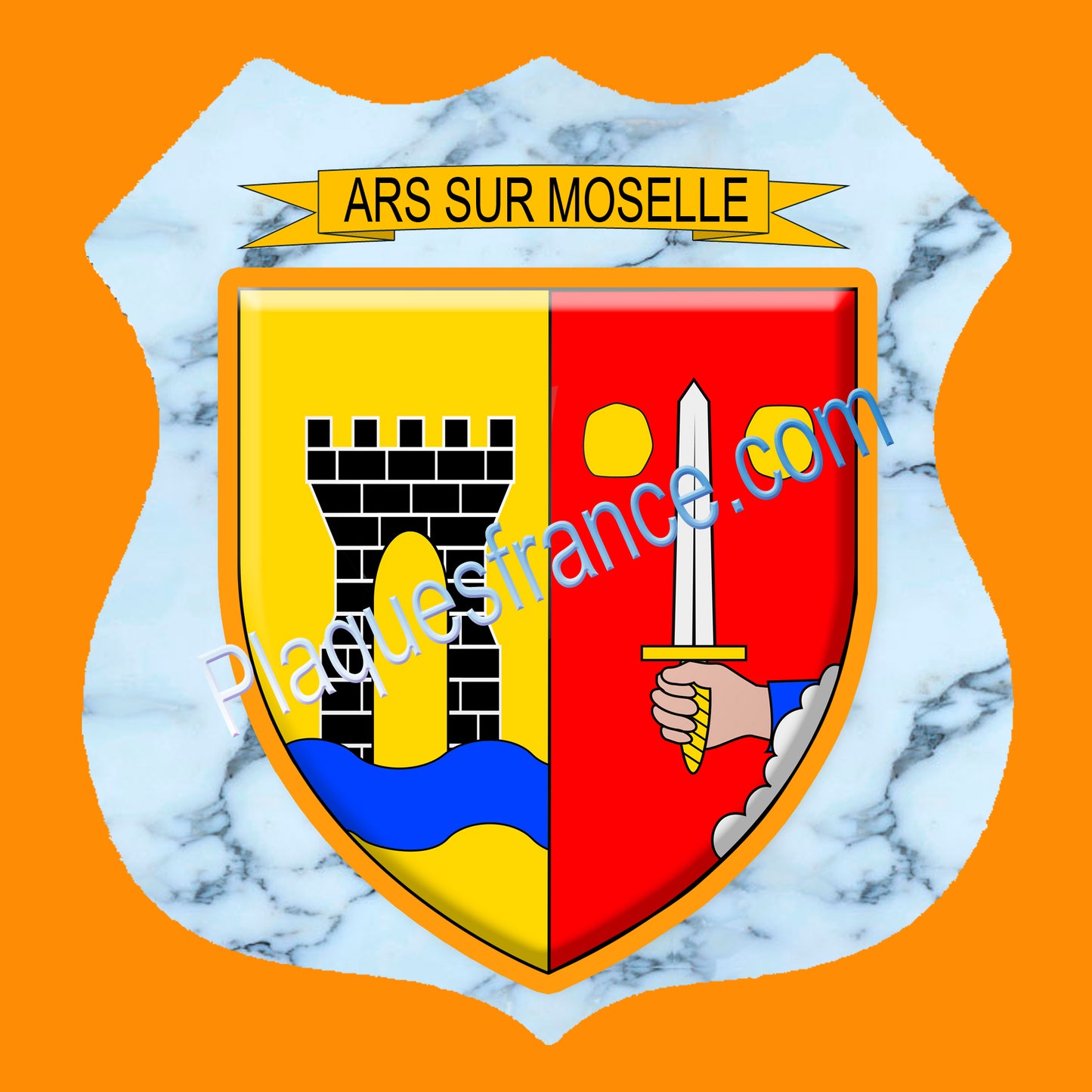 Plaque métal décorative écusson fond marbre Ø 30cm blason Ars sur Moselle, canton Les Coteaux de Moselle 57