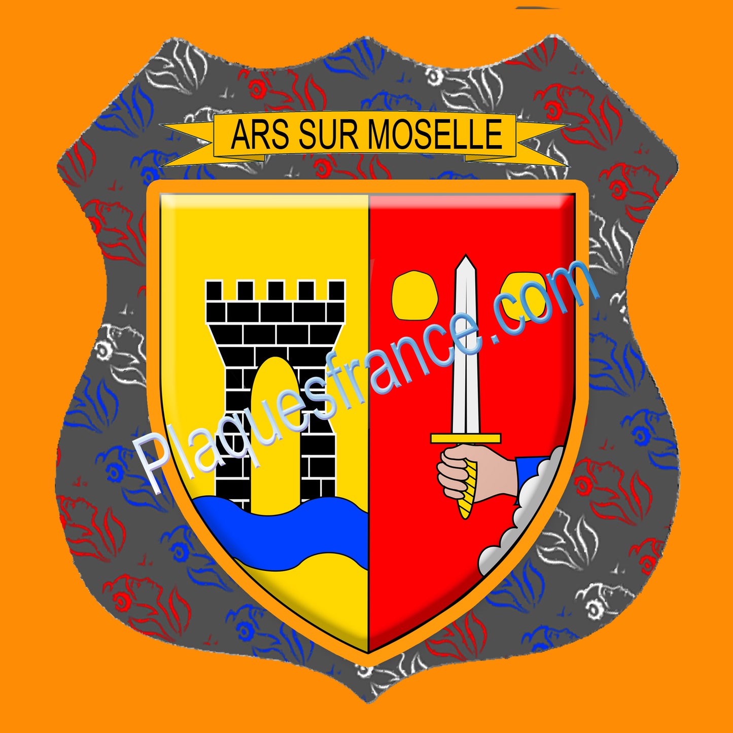 Plaque métal décorative écusson fond marianne Ø 30cm blason Ars sur Moselle, canton Les Coteaux de Moselle 57