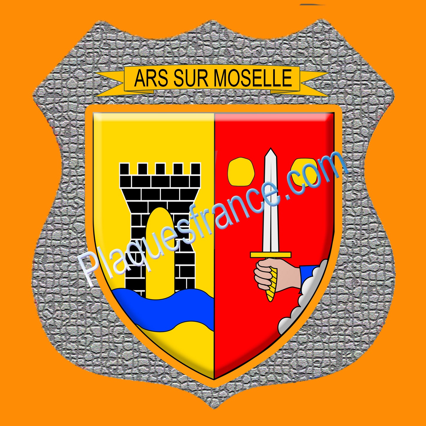 Plaque métal décorative écusson fond mozaique format Ø 30cm blason Ars sur Moselle, canton Les Coteaux de Moselle 57