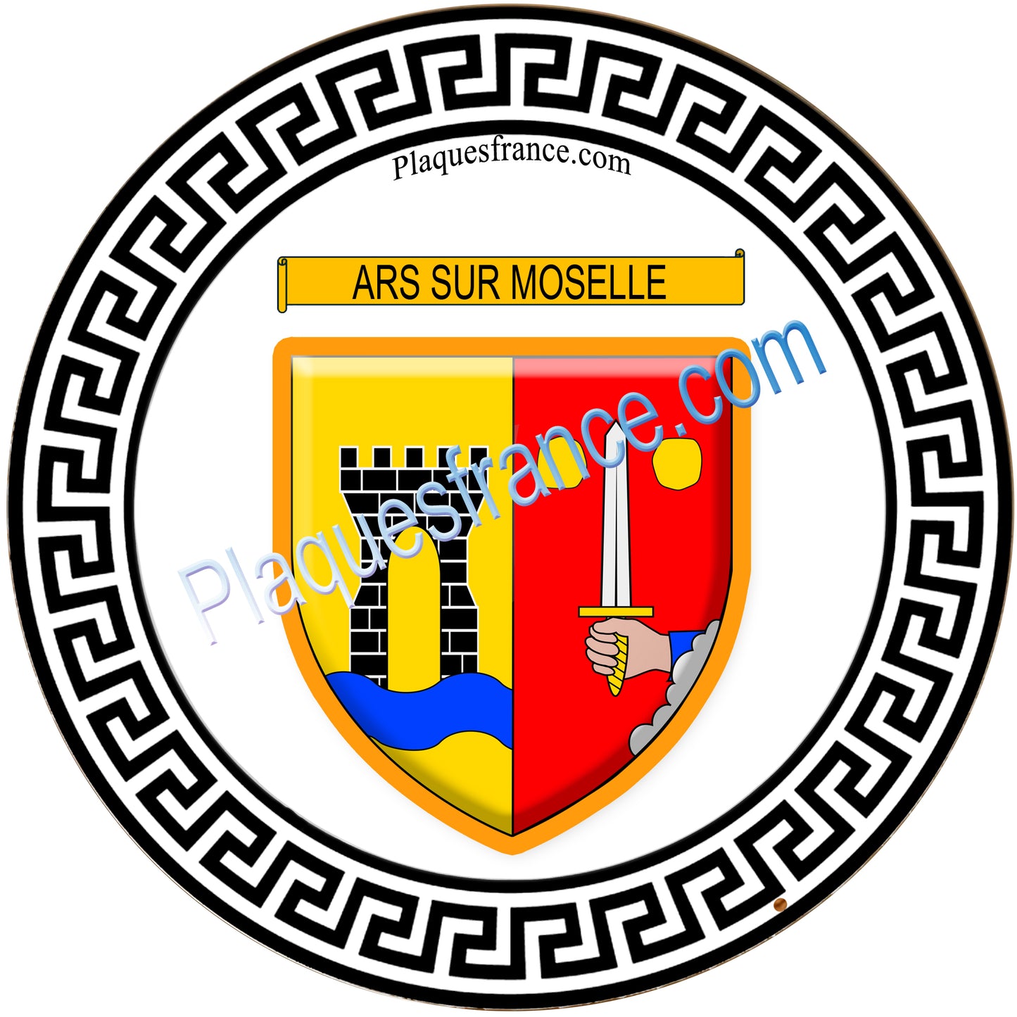 Plaque métal décorative fond blanc ronde Ø 30 cm blason Ars sur Moselle, canton Les Coteaux de Moselle 57