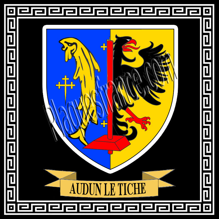 Plaque métal décorative fond blanc carrée 30 x 30 cm blason Audun-le-Tiche, canton de Algrange, Moselle 57