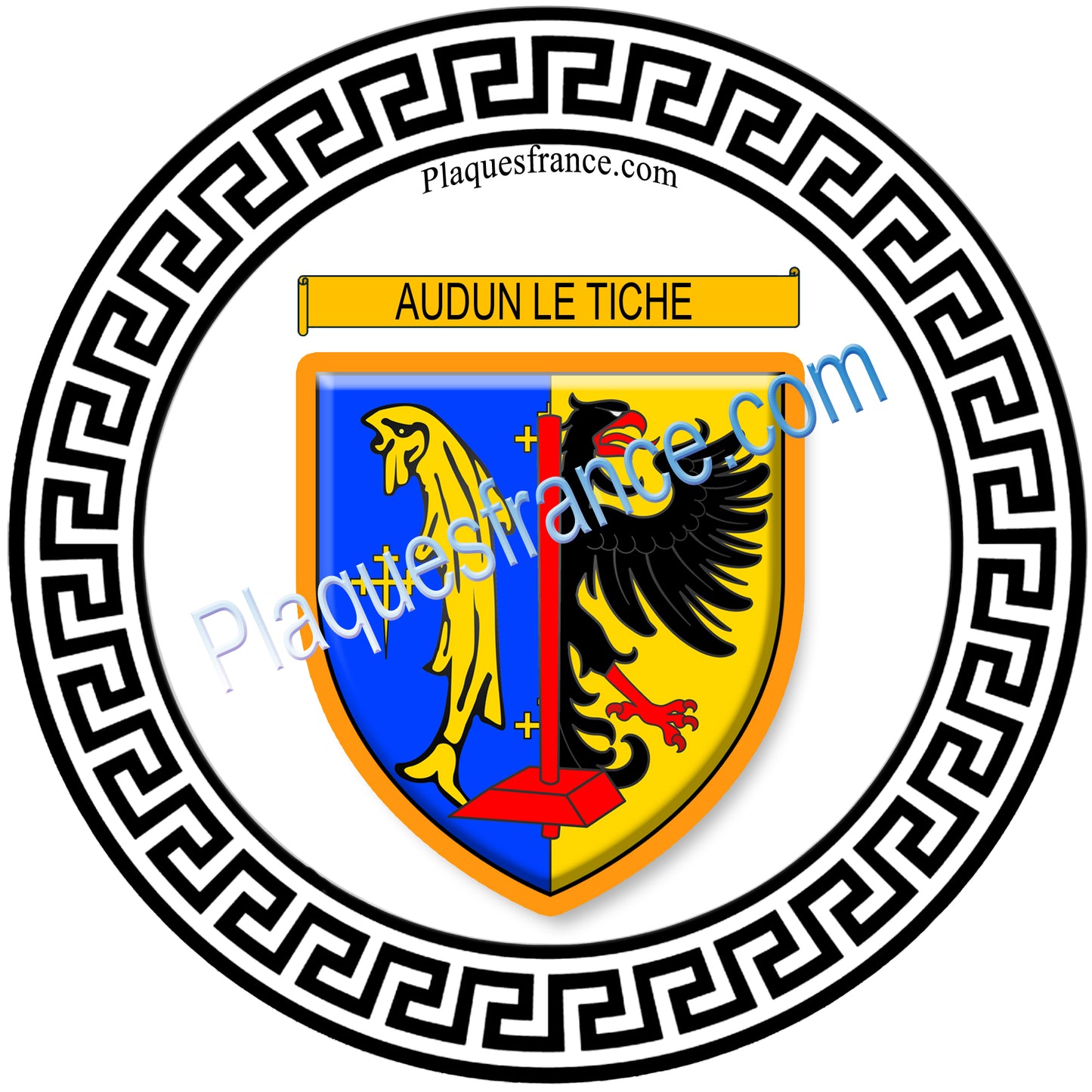 Plaque métal décorative fond blanc ronde Ø 30 cm blason Audun-le-Tiche, canton de Algrange, Moselle 57