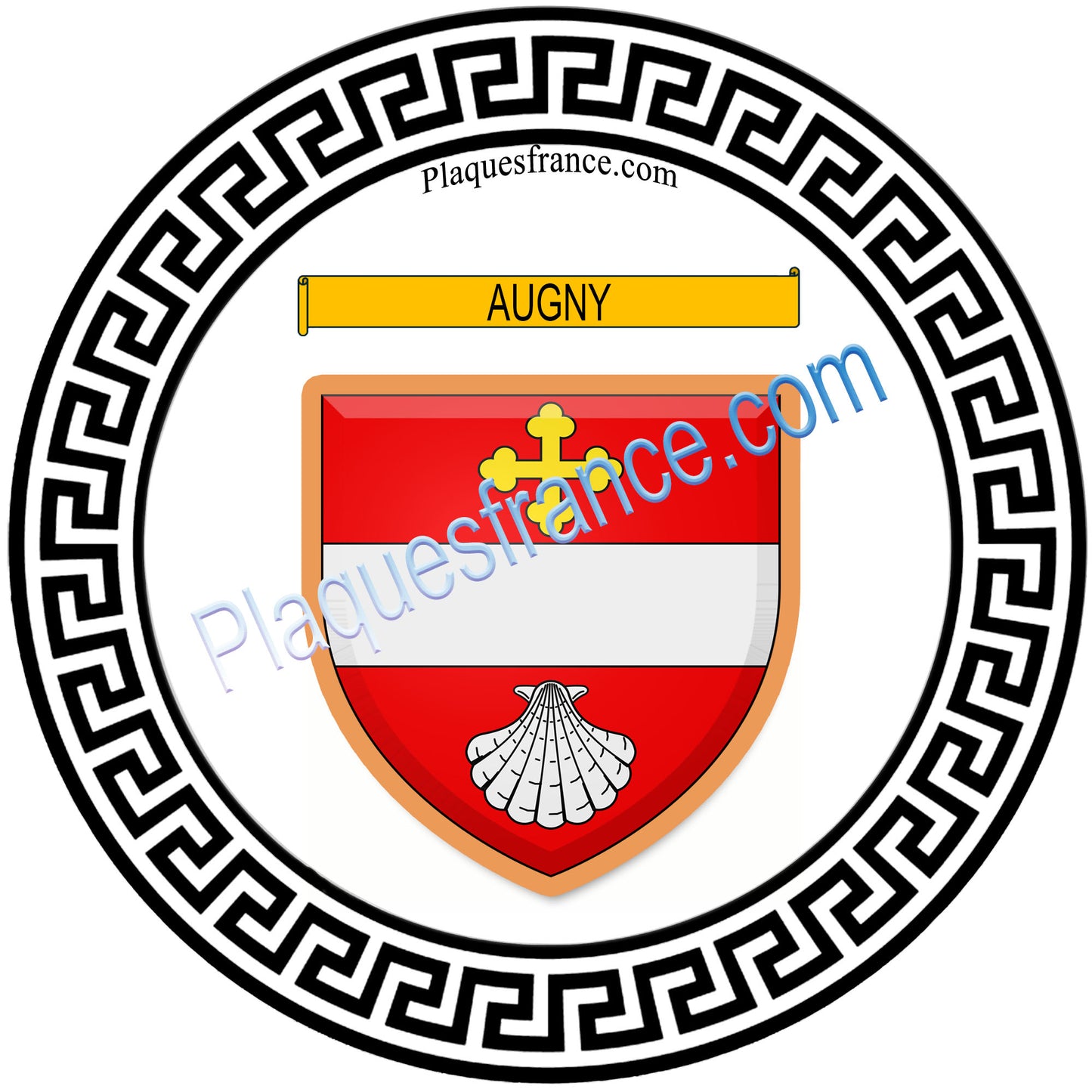 Plaque métal décorative fond blanc ronde Ø 30cm blason Augny, canton Les Coteaux de Moselle 57