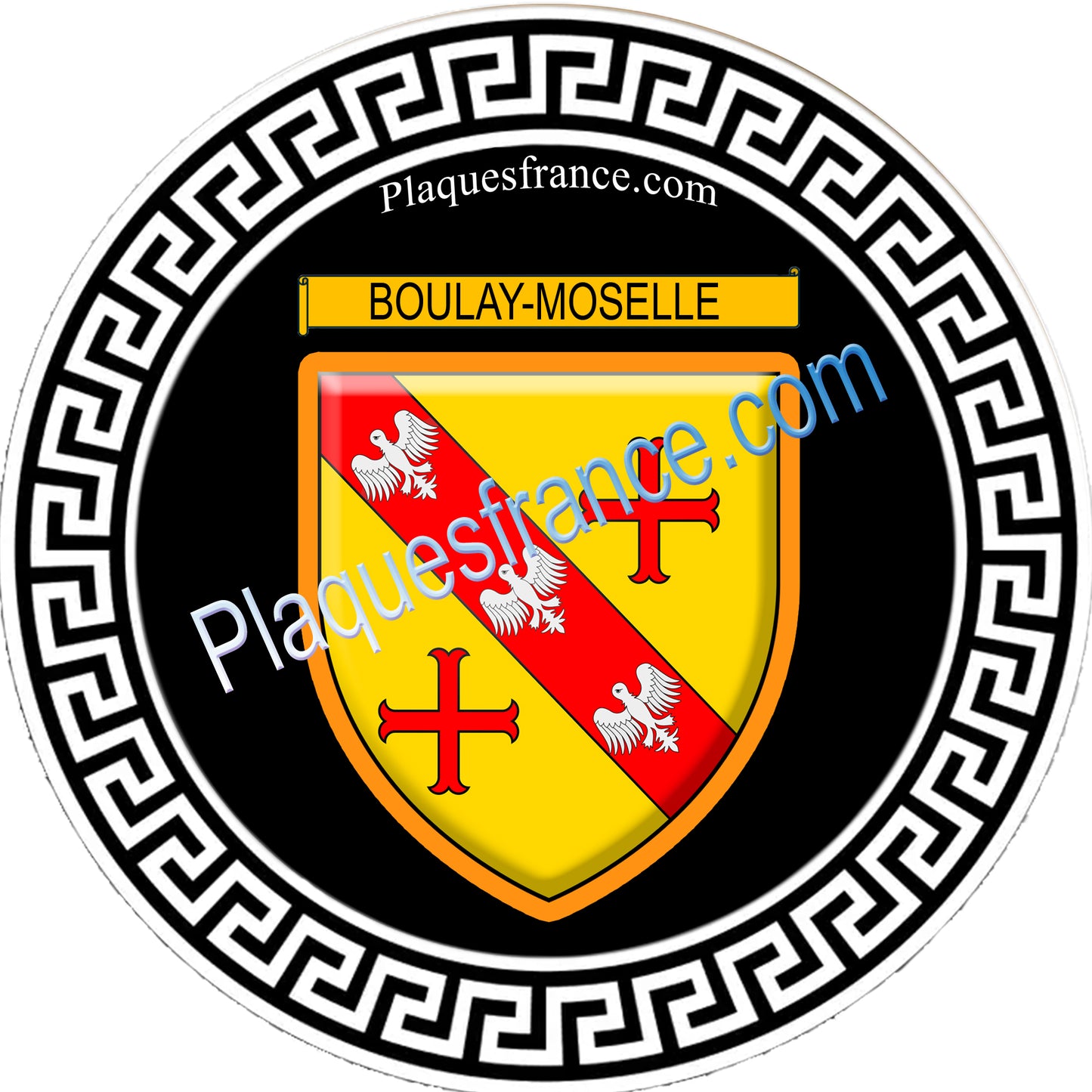 Plaque métal décorative fond noir ronde Ø 30 cm blason Boulay-Moselle, canton de Boulay-Moselle, Moselle 57