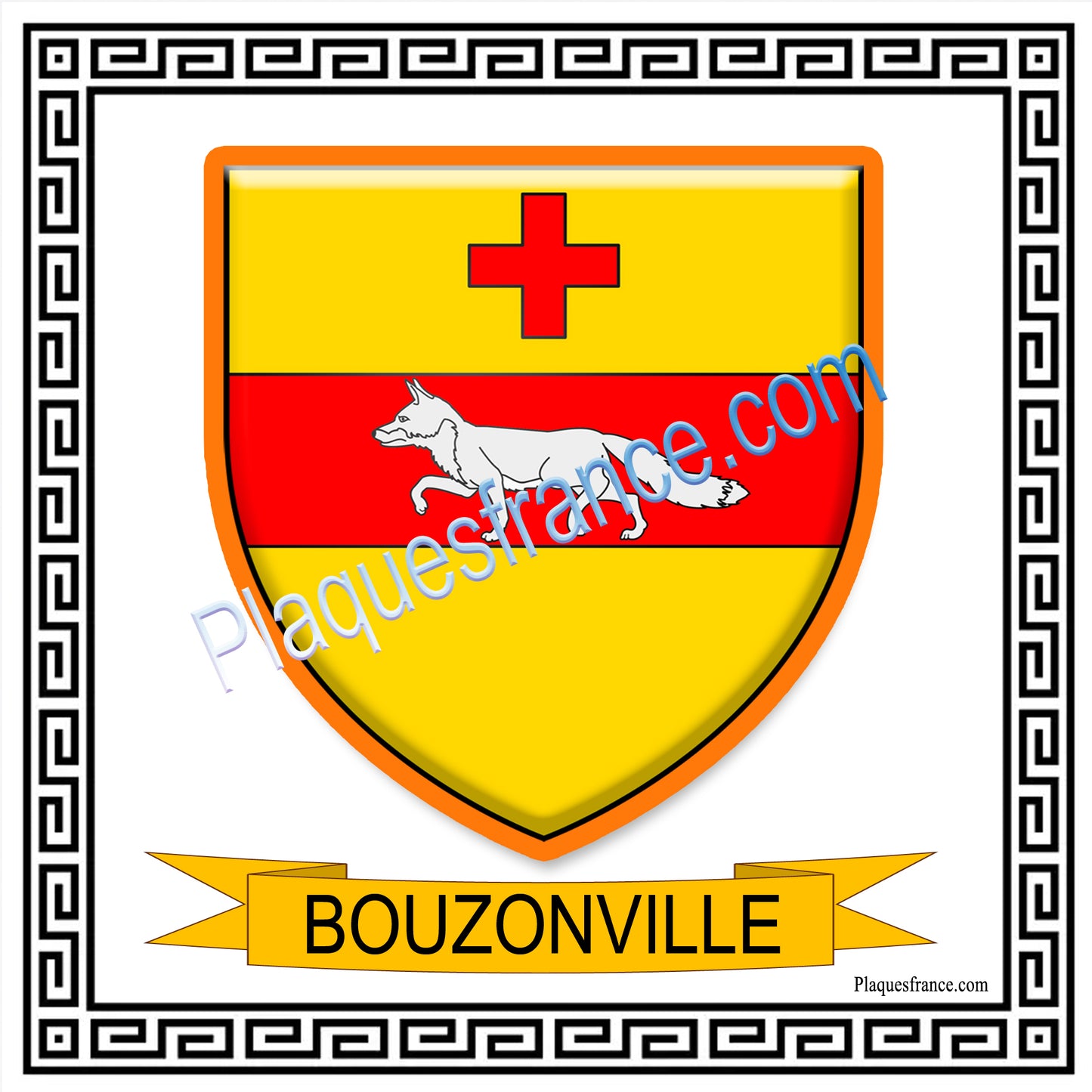 Plaque métal décorative fond blanc carré 30 x 30 cm blason Bouzonville, canton Bouzonville 57