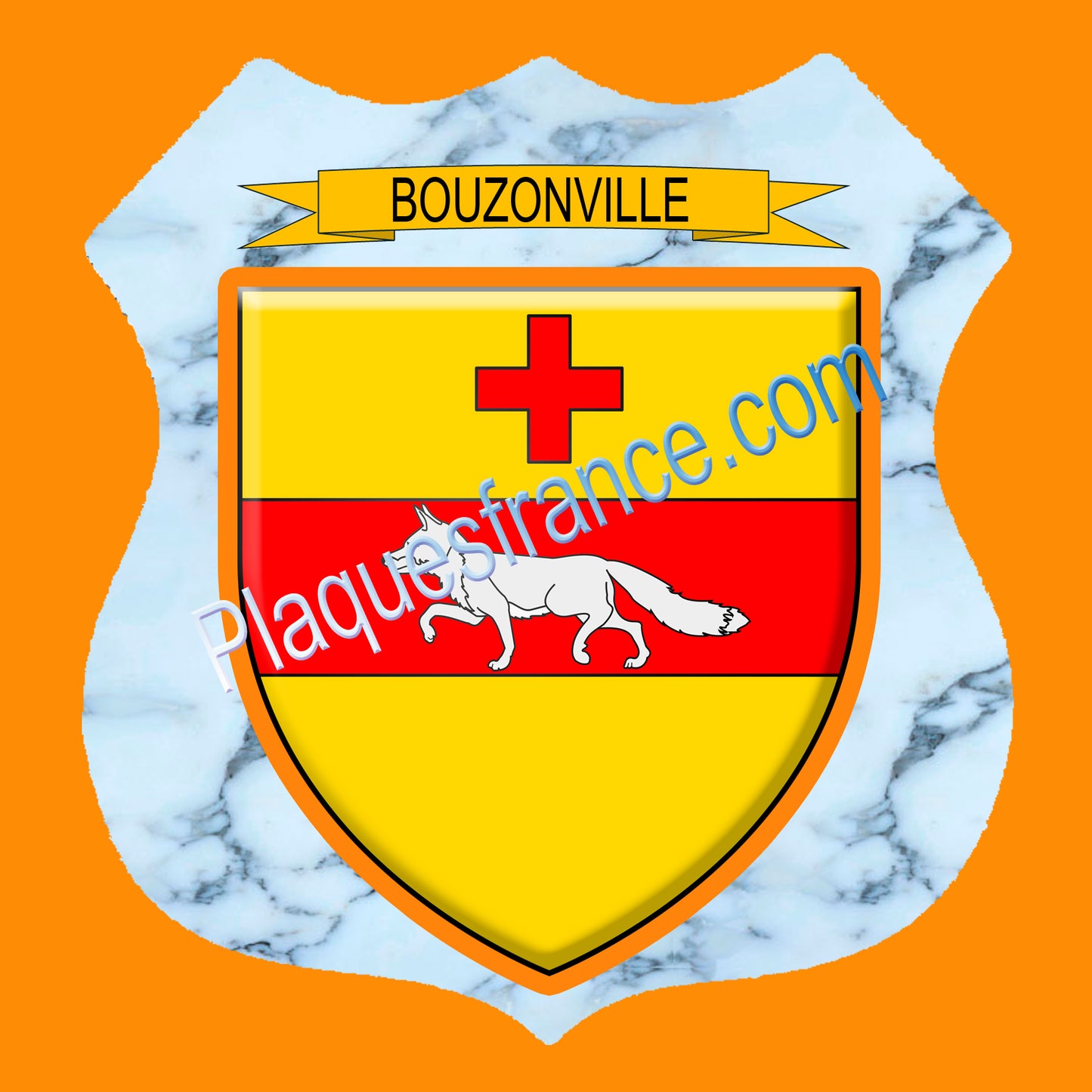 Plaque métal décorative écusson fond marbre format Ø 30cm blason Bouzonville, canton Bouzonville 57