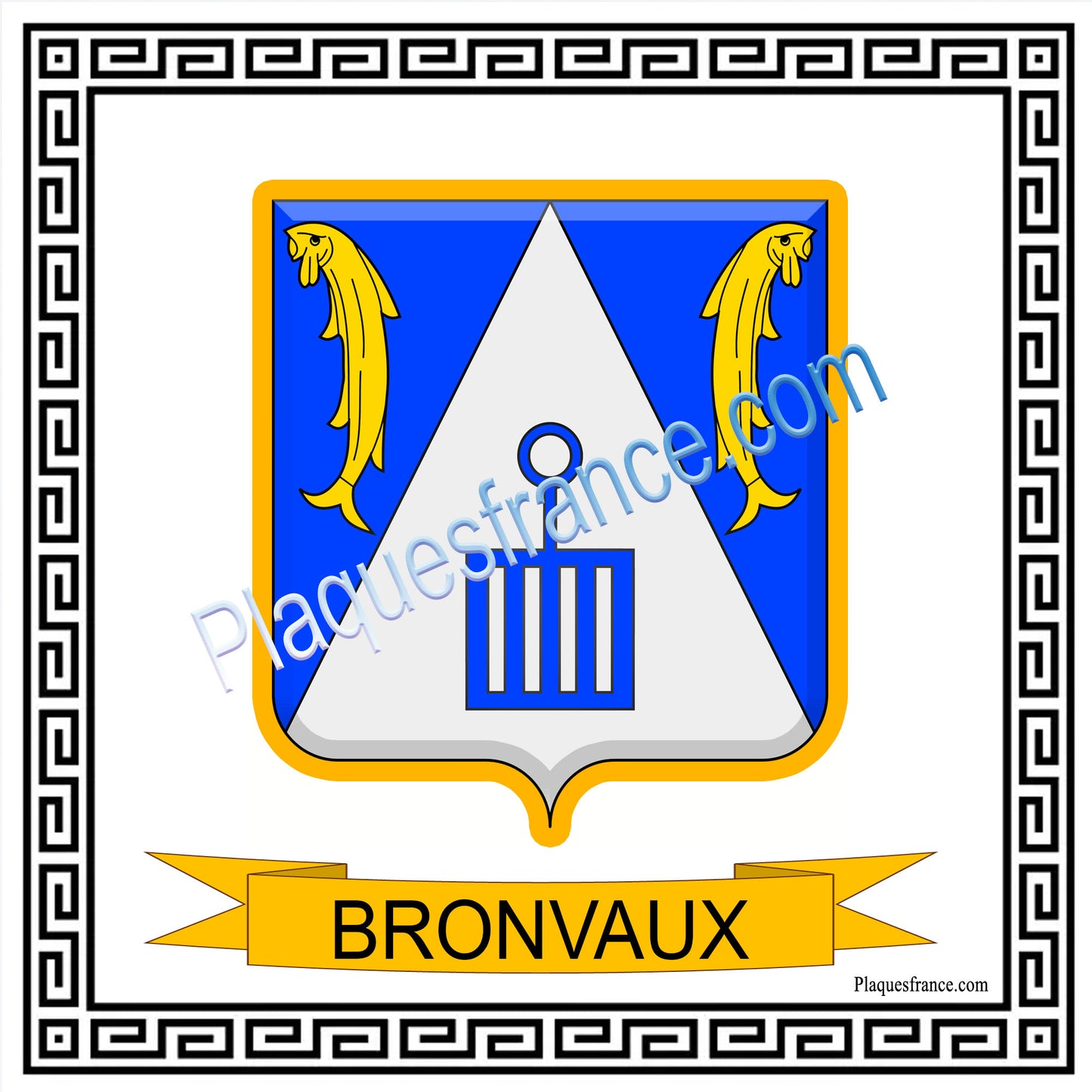 Plaque métal décorative fond blanc carré 30 x 30cm blason Bronvaux, canton Rombas 57