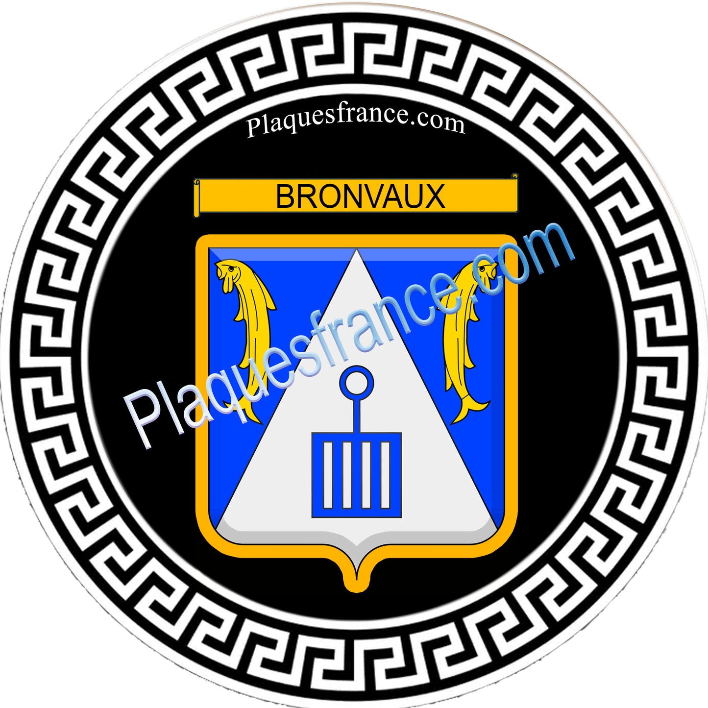 Plaque métal décorative fond noir ronde Ø 30cm blason Bronvaux, canton Rombas 57