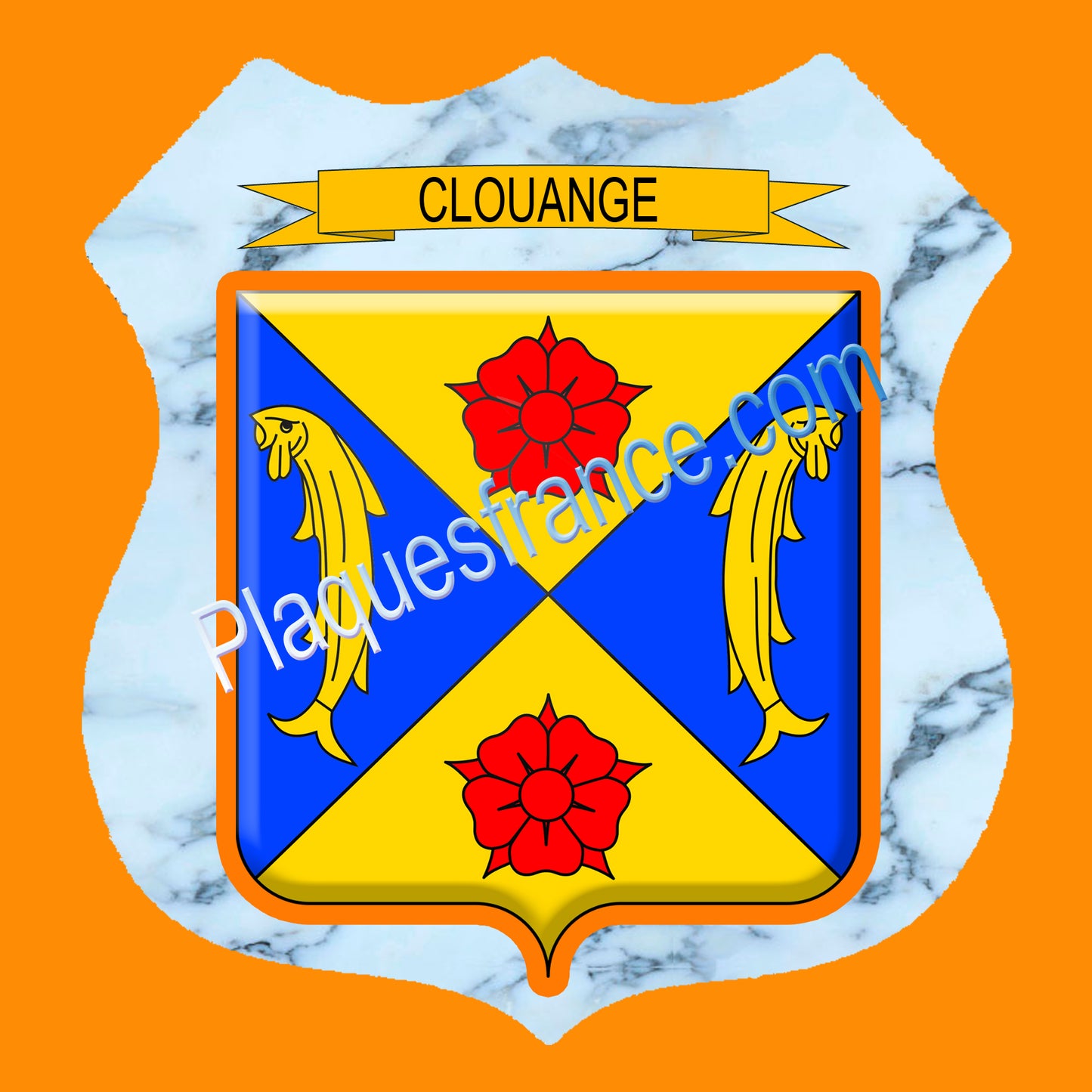 Plaque métal décorative format écusson Ø 30cm fond marbre blason Clouange, Moselle 57