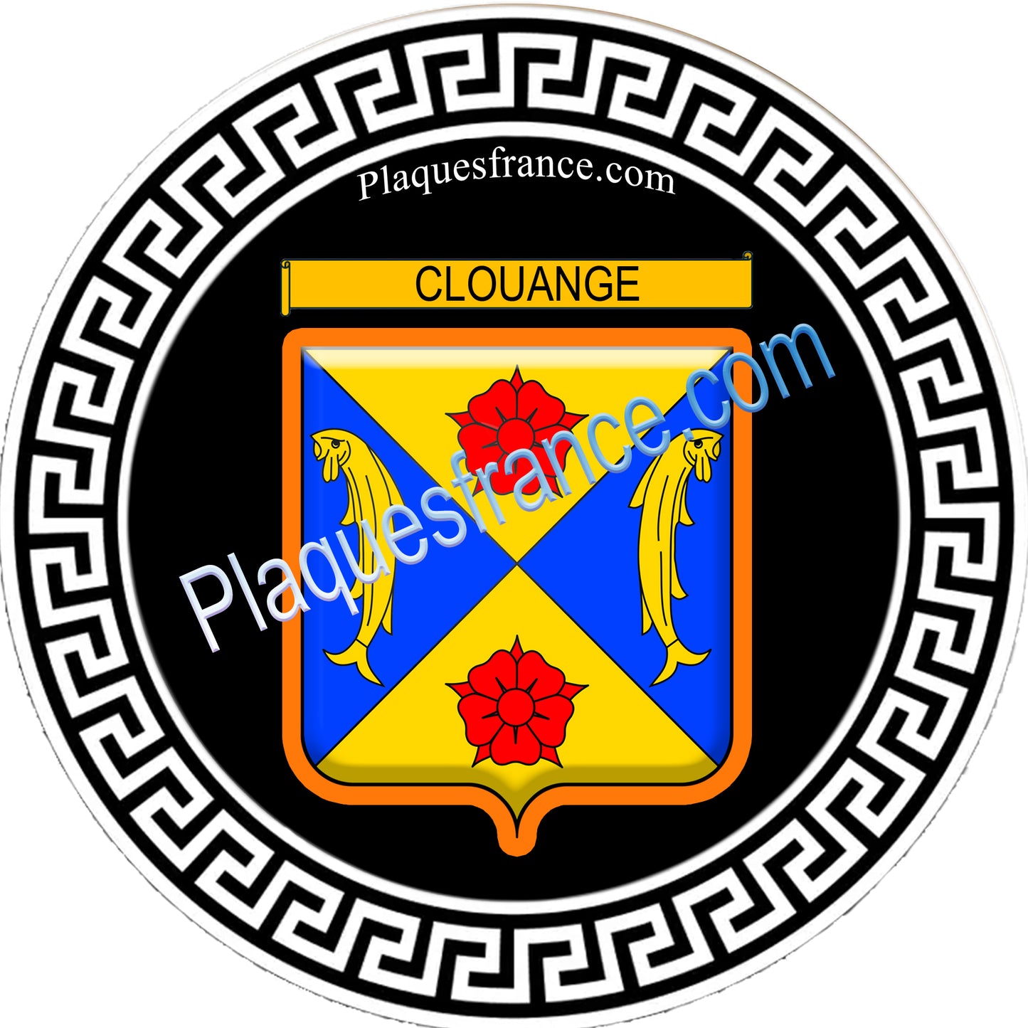 Plaque métal décorative fond noir rond Ø 30 cm blason Clouange, canton Hayange 57