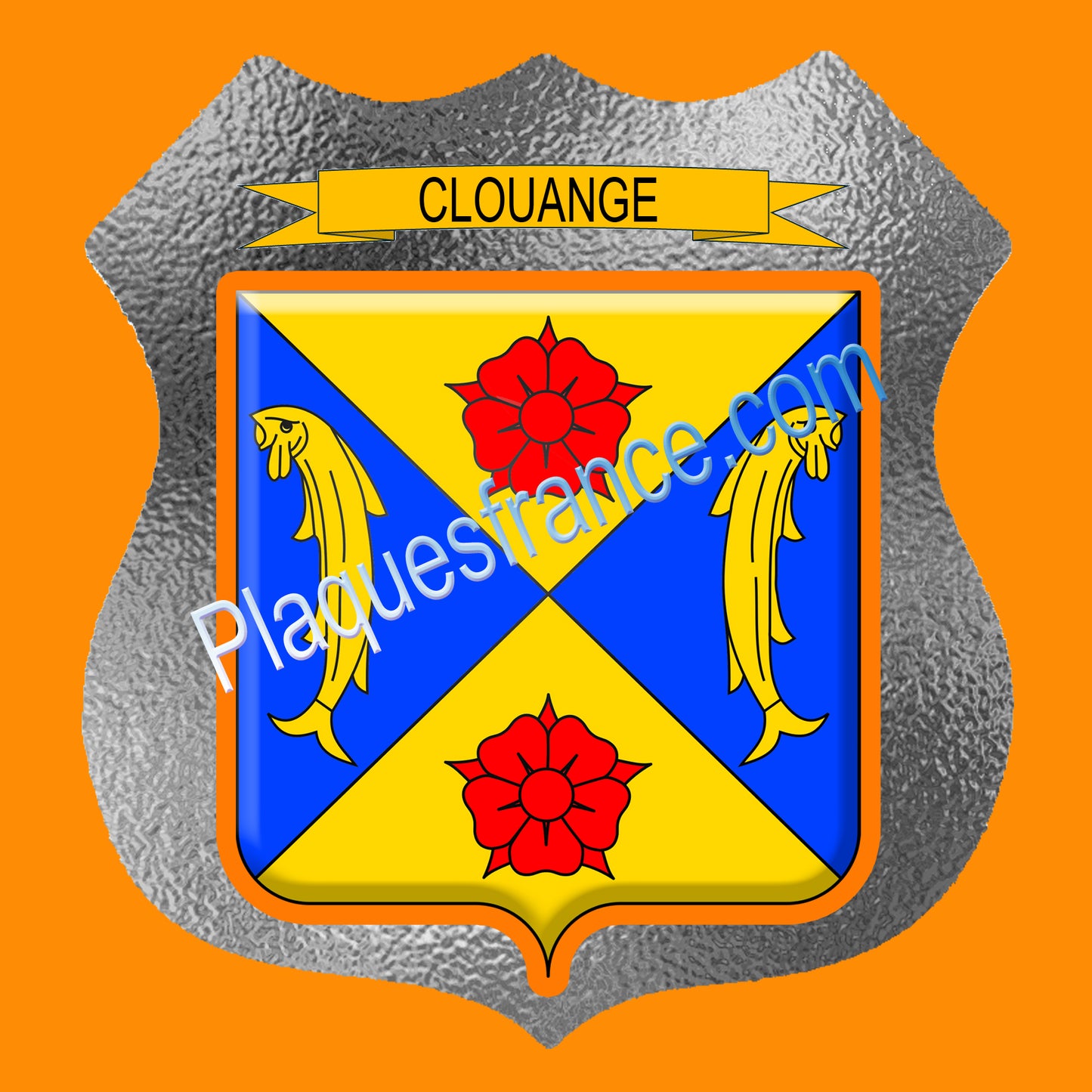 Plaque métal décorative format écusson Ø 30cm fond verre dépoli blason Clouange, Moselle 57