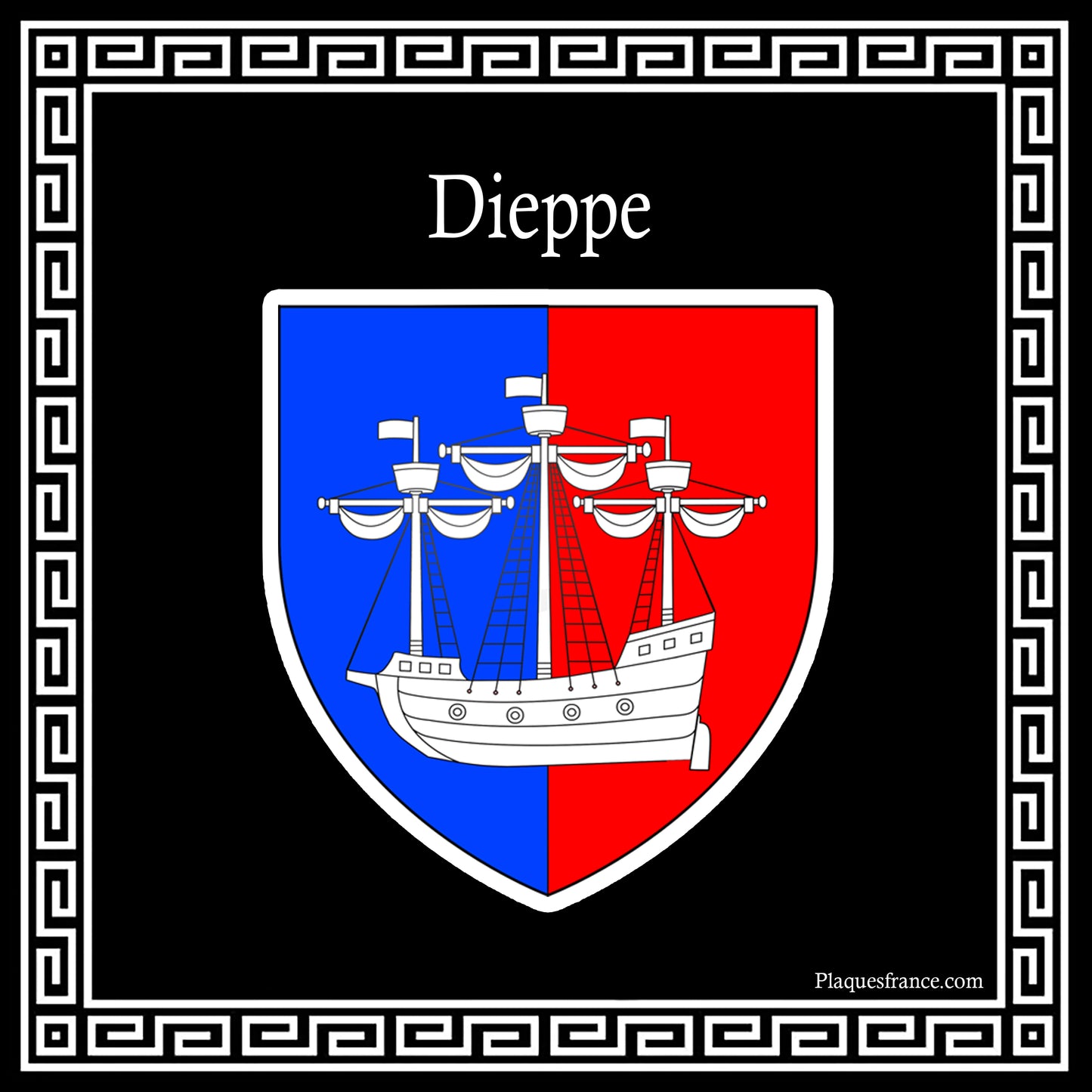 Plaque métal décorative carrée noire 30 x 30 cm blason Dieppe, Seine Maritime (76)