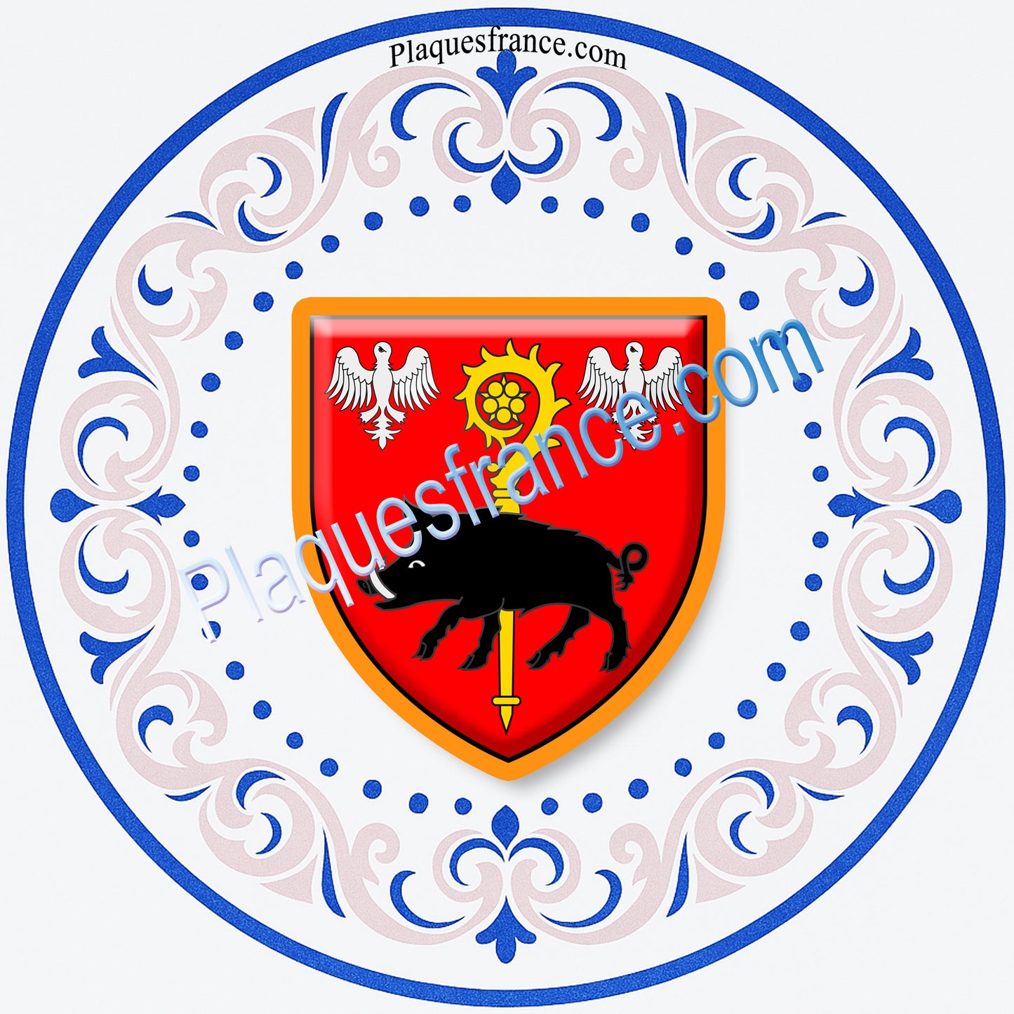 Plaque métal décorative façon assiette aile lys ronde Ø 30 cm blason Farébersviller, canton de Freyming-Merlebach, Moselle 57