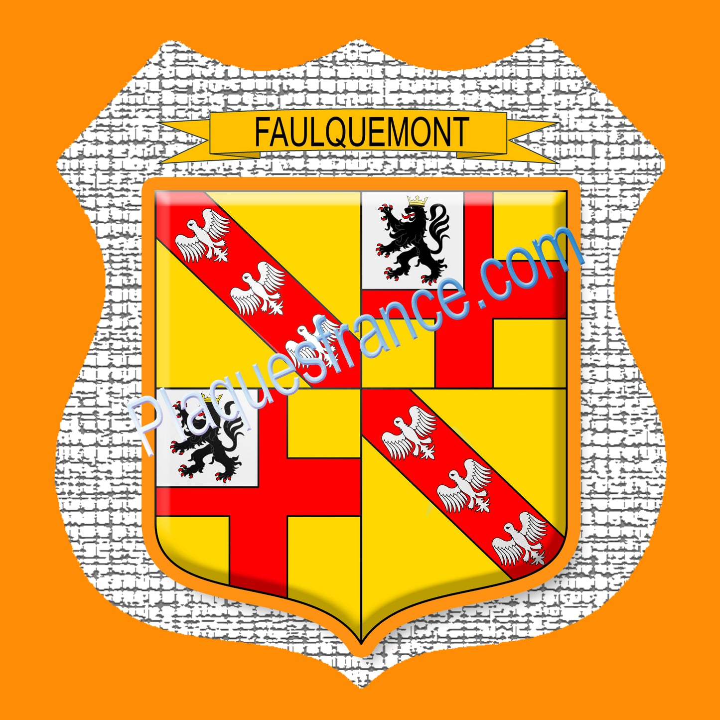 Plaque métal décorative écusson fond craquelures format Ø 30cm blason Faulquemont, canton Faulquemont 57