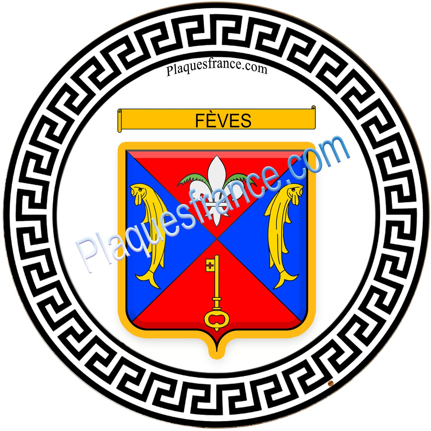 Plaque métal décorative fond noir rond Ø 30cm blason Fèves, canton Rombas 57