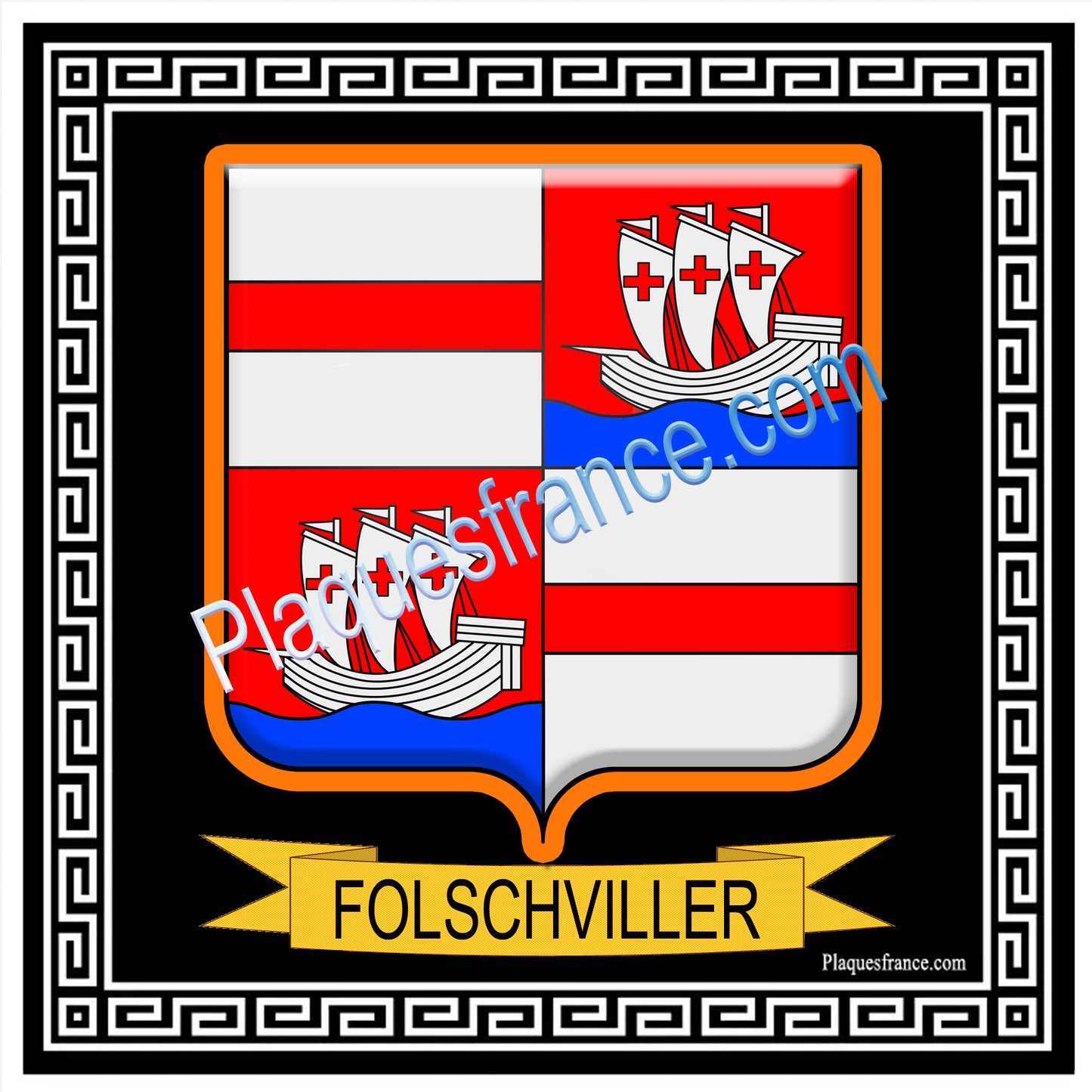 Plaque métal décorative fond carré noir 30 x 30 cm blason Folschviller, canton Saint-Avold 57