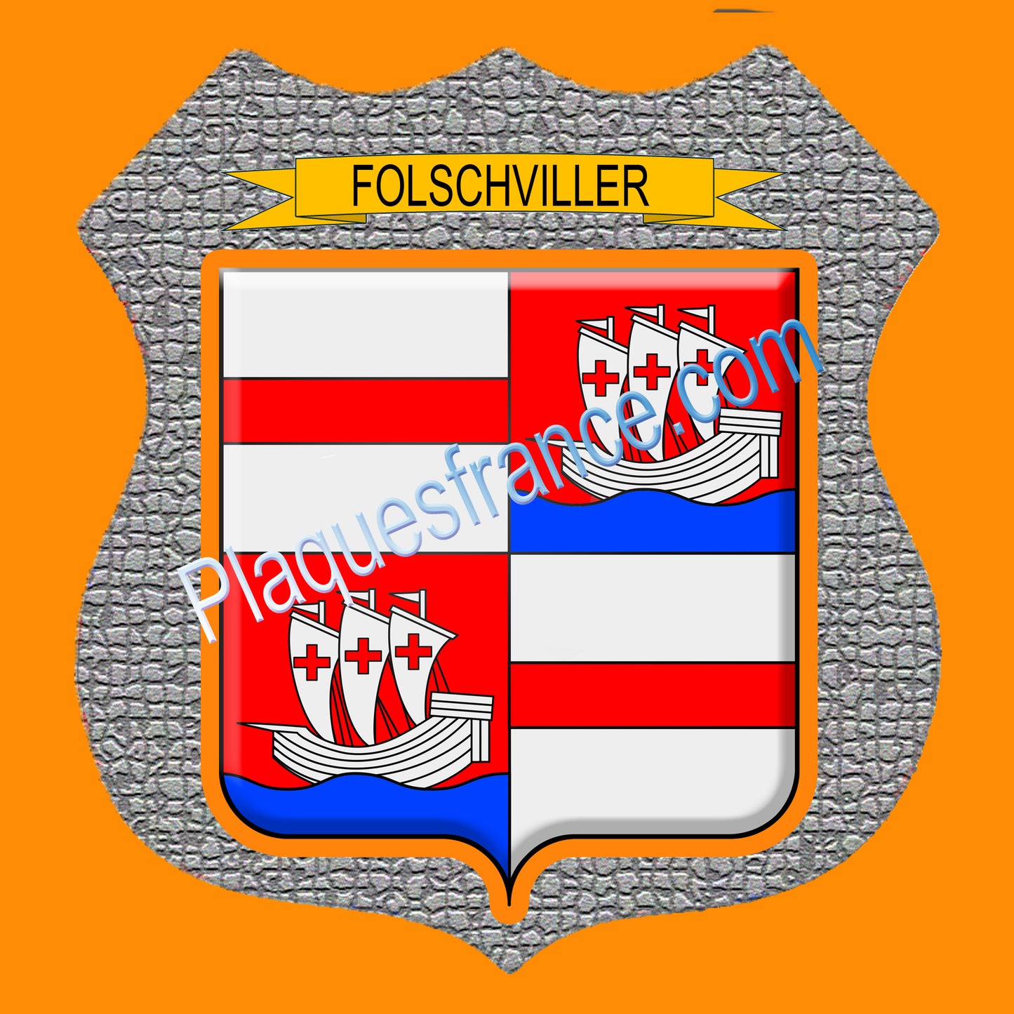 Plaque métal décorative écusson fond mozaique Ø 30cm blason Folschviller, canton Saint-Avold 57