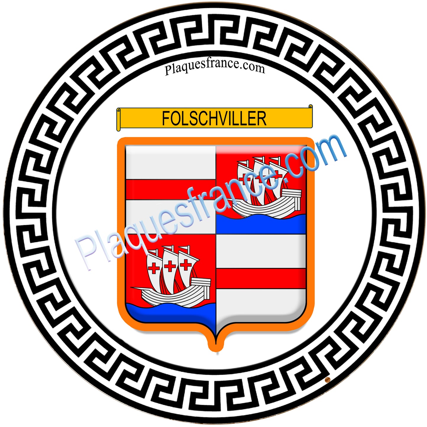 Plaque métal décorative fond rond blanc Ø 30 cm blason Folschviller, canton Saint-Avold 57