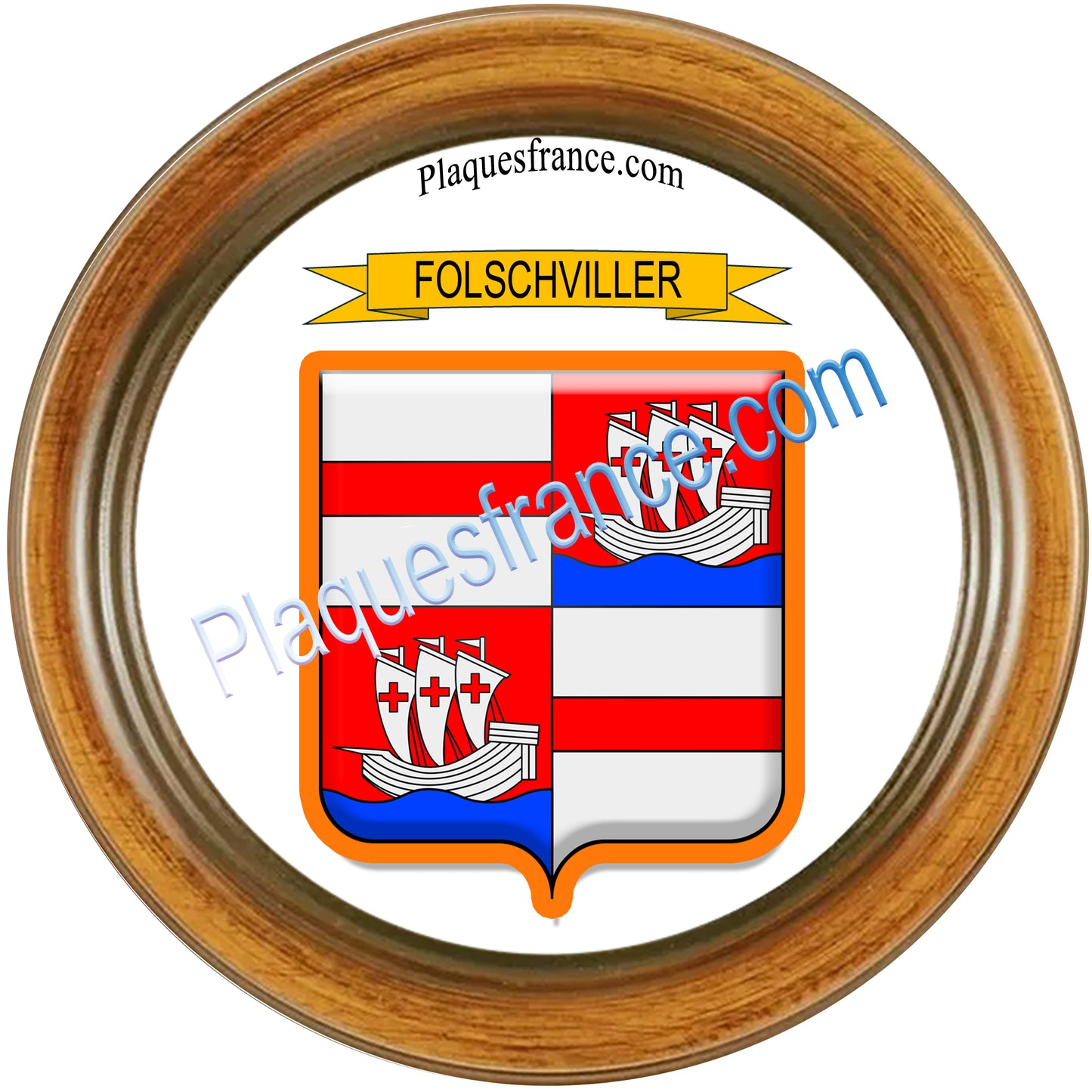 Plaque métal décorative cadre bois Ø 30 cm blason Folschviller, canton Saint-Avold 57