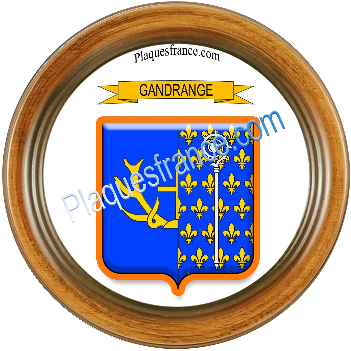 Plaque métal décorative cadre bois Ø 30 cm blason Gandrange, canton Hayange 57