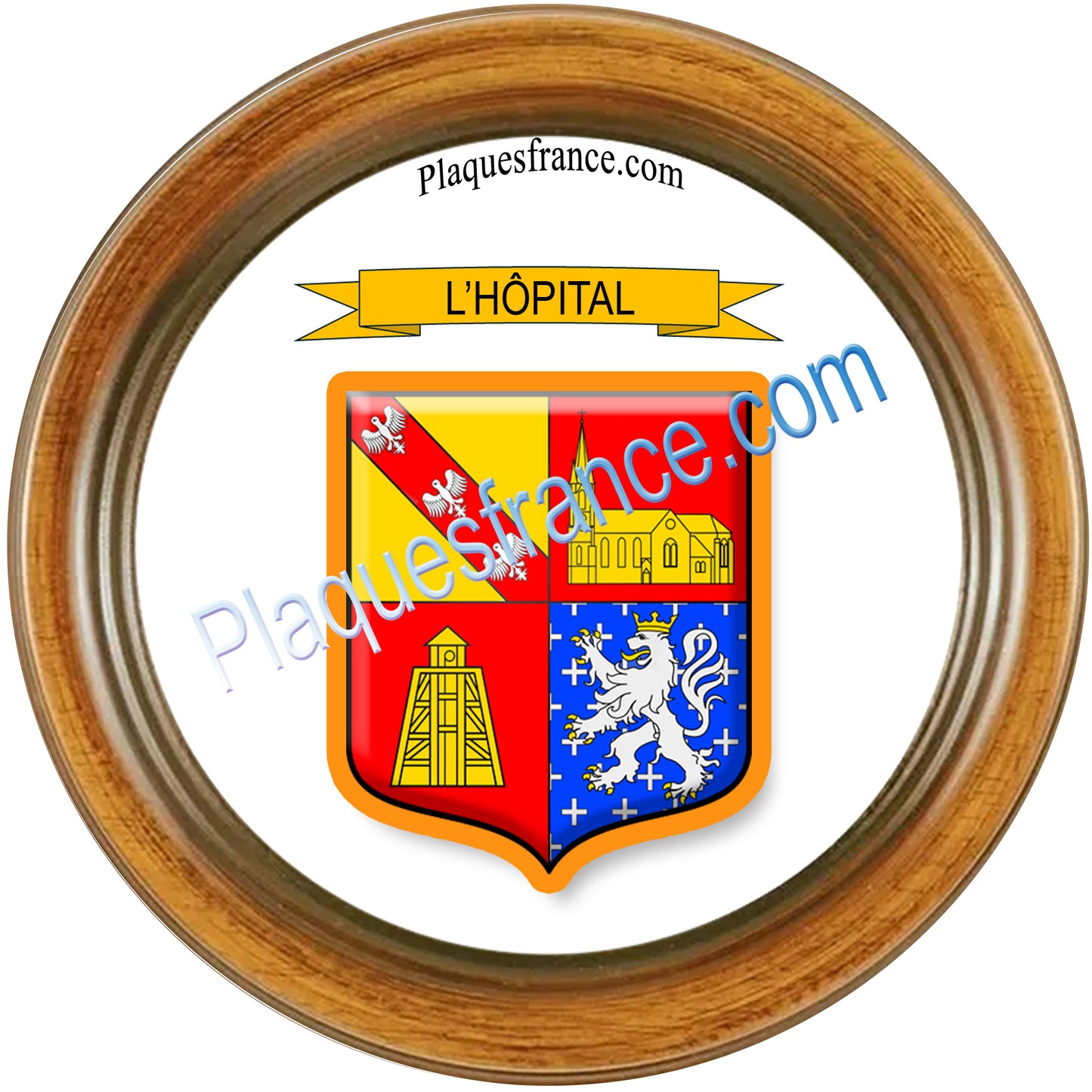 Plaque métal décorative cadre bois ronde Ø 30 cm blason L'Hôpital, canton de Saint-Avold, Moselle 57