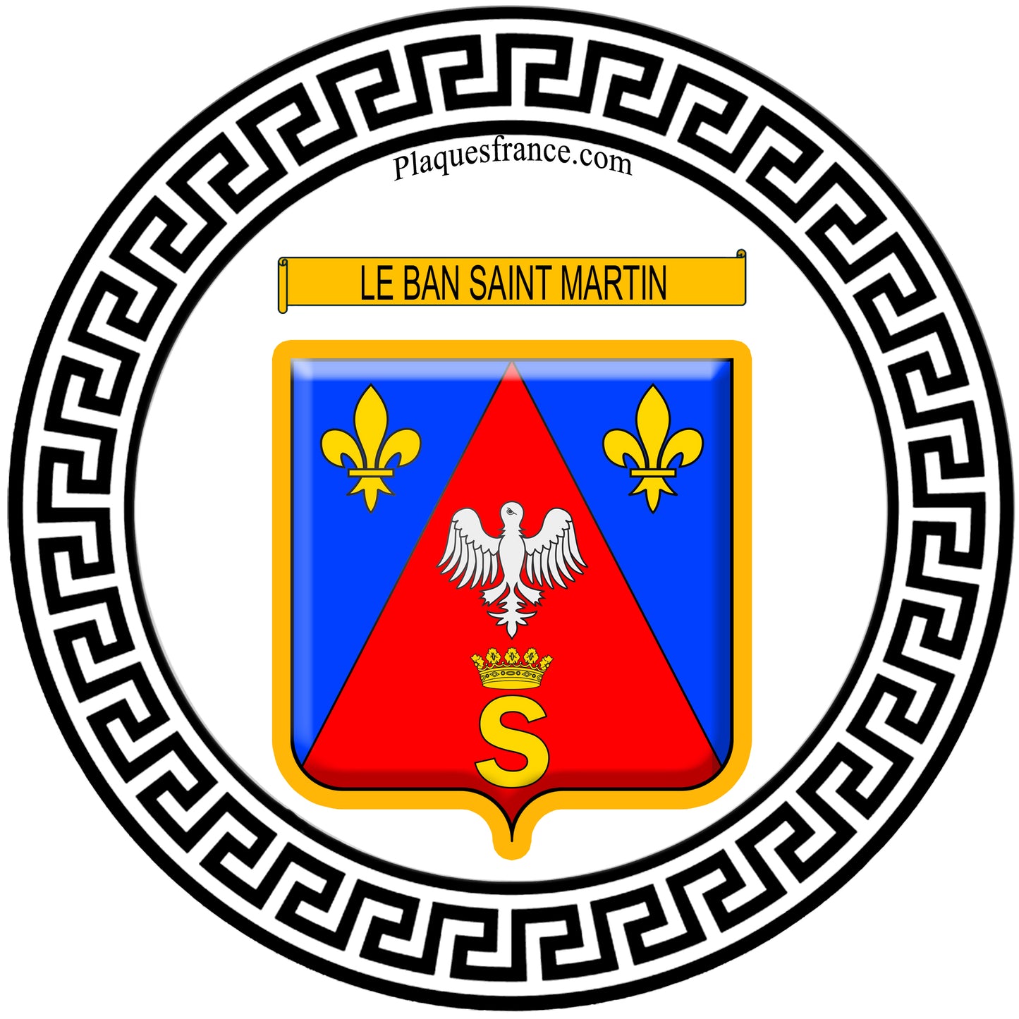 Plaque métal décorative fond blanc ronde Ø 30cm blason Le Ban Saint Martin 57
