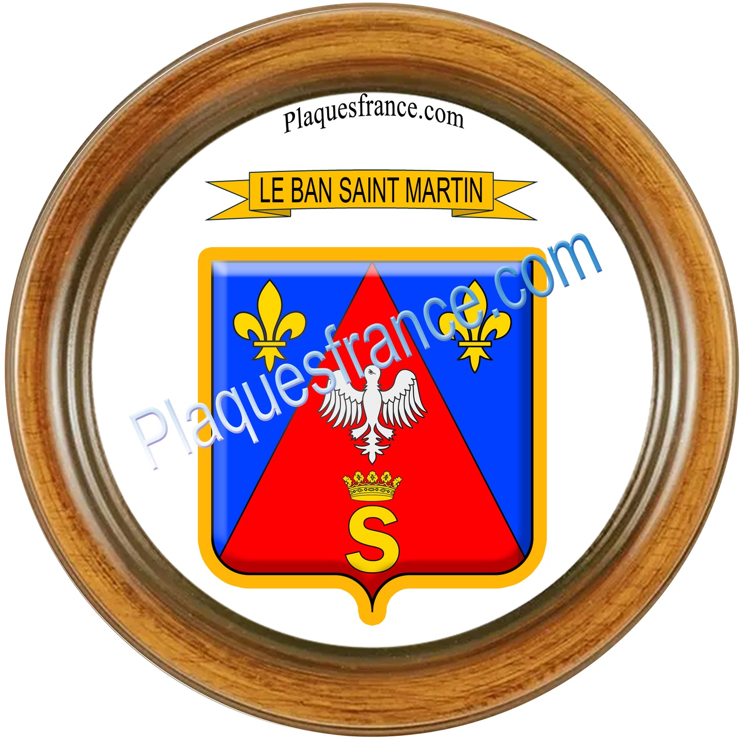 Plaque métal décorative cadre bois ronde Ø 30cm blason Le Ban Saint Martin 57