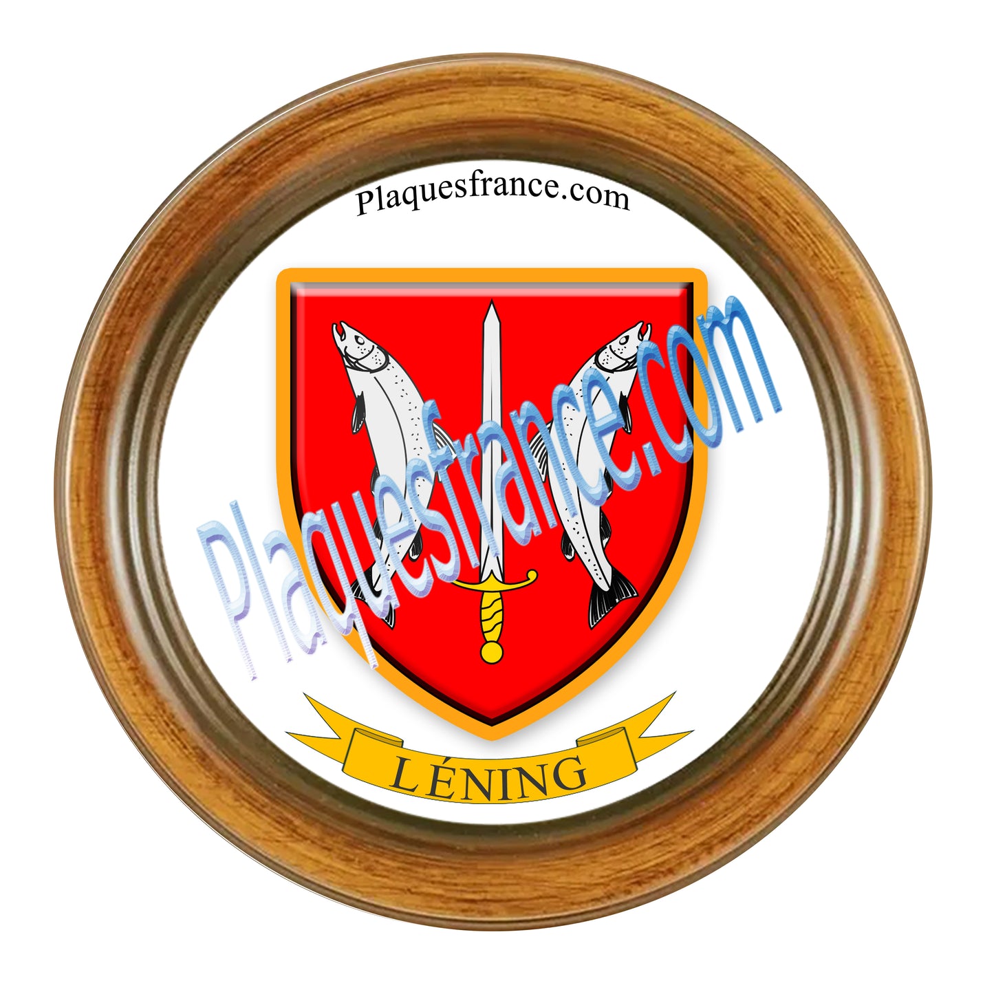 Plaque métal décorative format rond Ø 30 cm cadre bois Léning, canton du Saulnois, Moselle 57